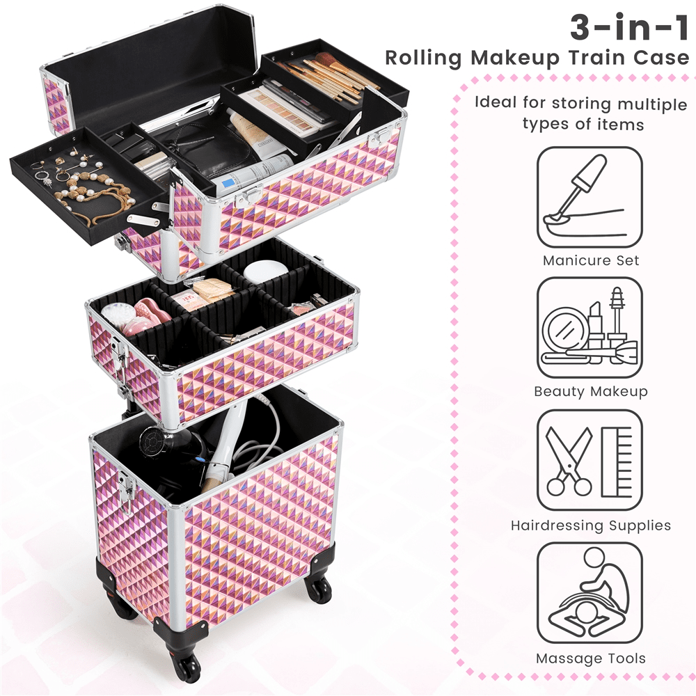 Alden Design 3-in-1 Rolling Makeup Train Case Cosmetic Trolley, Pink - Image 2