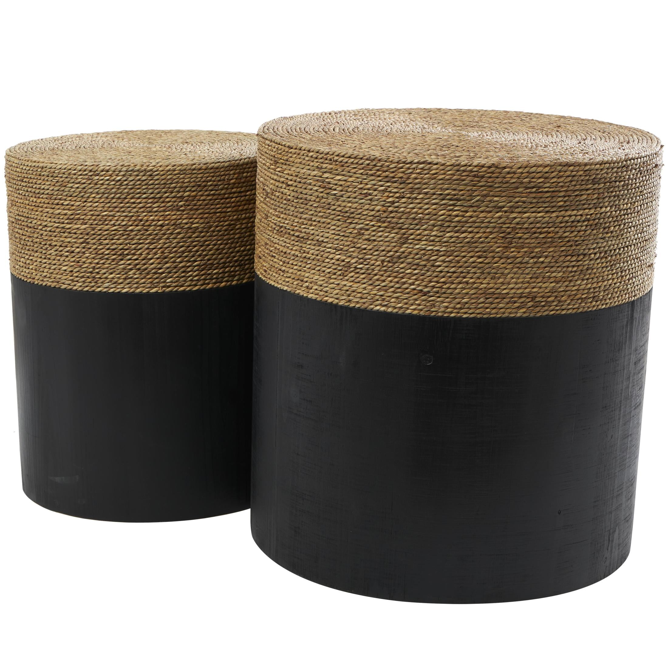 DecMode 19" x 20" Black Wood Handmade Accent Table with Brown Wrapped Seagrass Tabletops, 2-Pieces - Image 3