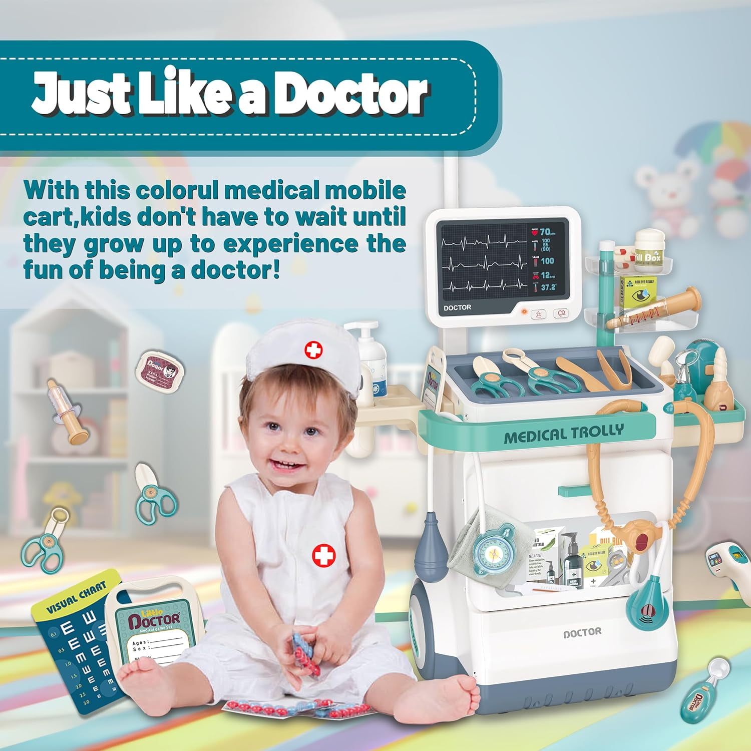 Toy Doctor Kit for Kids, Pretend Medical Station Set for Boys & Girls, 28 Accessories Mobile Cart with Lights and Thermometer, Kids Doctor Kit for Toddlers 3-5 Years Old - Image 6
