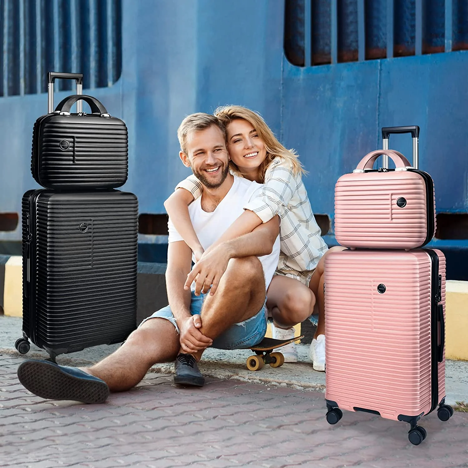 JZRTravel 20 in Striped Spinner Carry On Luggage with 14 in Cosmetic Case, Black - Image 5