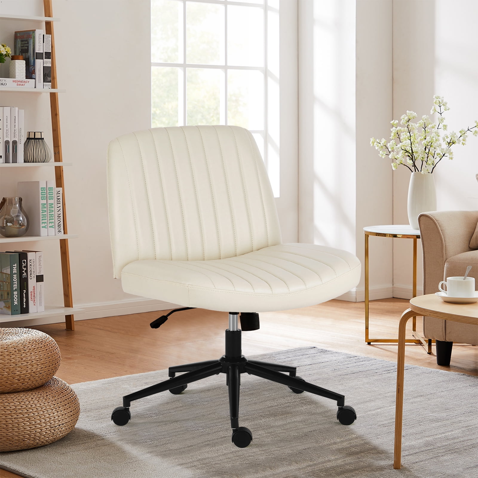 JOINSUN Criss Cross Chair,Comfy Cross Legged Office Desk Chair with Wheels,Cute Makeup Vanity Chair,Fabric Modern Swivel Height Adjustable Mid Back Wide Seat Computer Task Chair for Home Office - Image 8