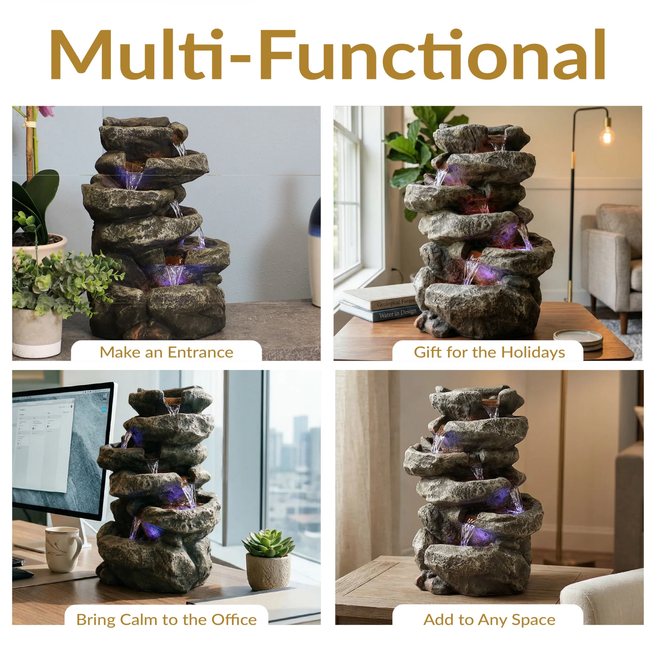 Sunnydaze Stone Falls Rustic Polyresin Gray Tabletop Fountain with LED Lights - Image 6