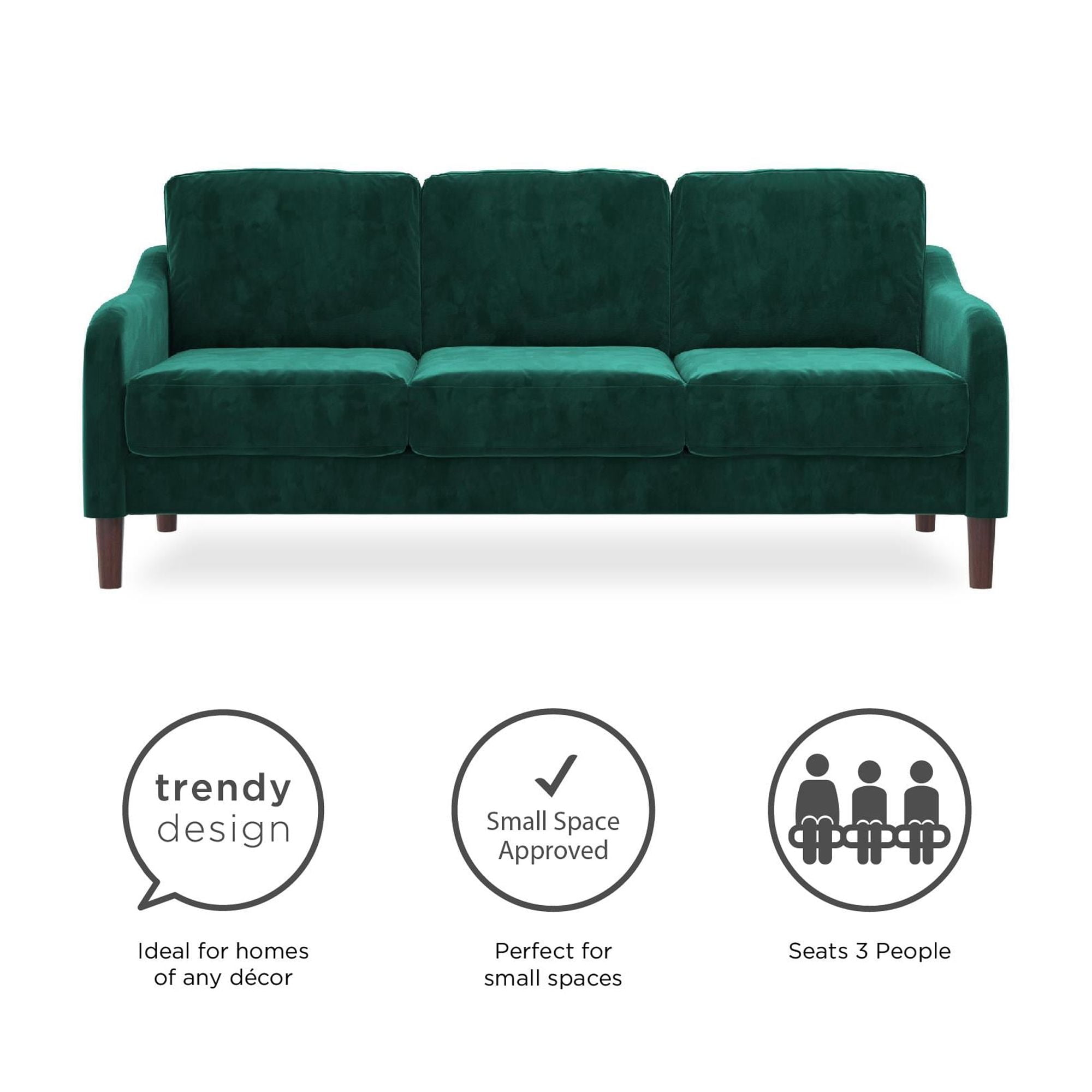 DHP Marbella 3-Seater Sofa Couch, Living Room Furniture, Green Velvet - Image 3