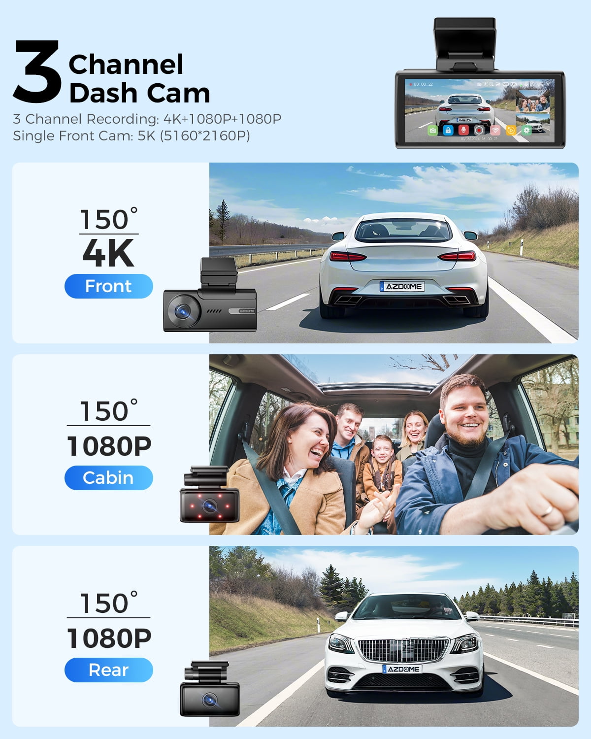AZDOME Car Dash Cam 3 Channel, 5K Dash Camera Front and Rear Inside 4K+1080P+1080P, Dashcam with WiFi & 64GB Card, IR WDR Night Vision, 4" Touchscreen GPS 24H Parking Mode G-Sensor Loop Recording - Image 4