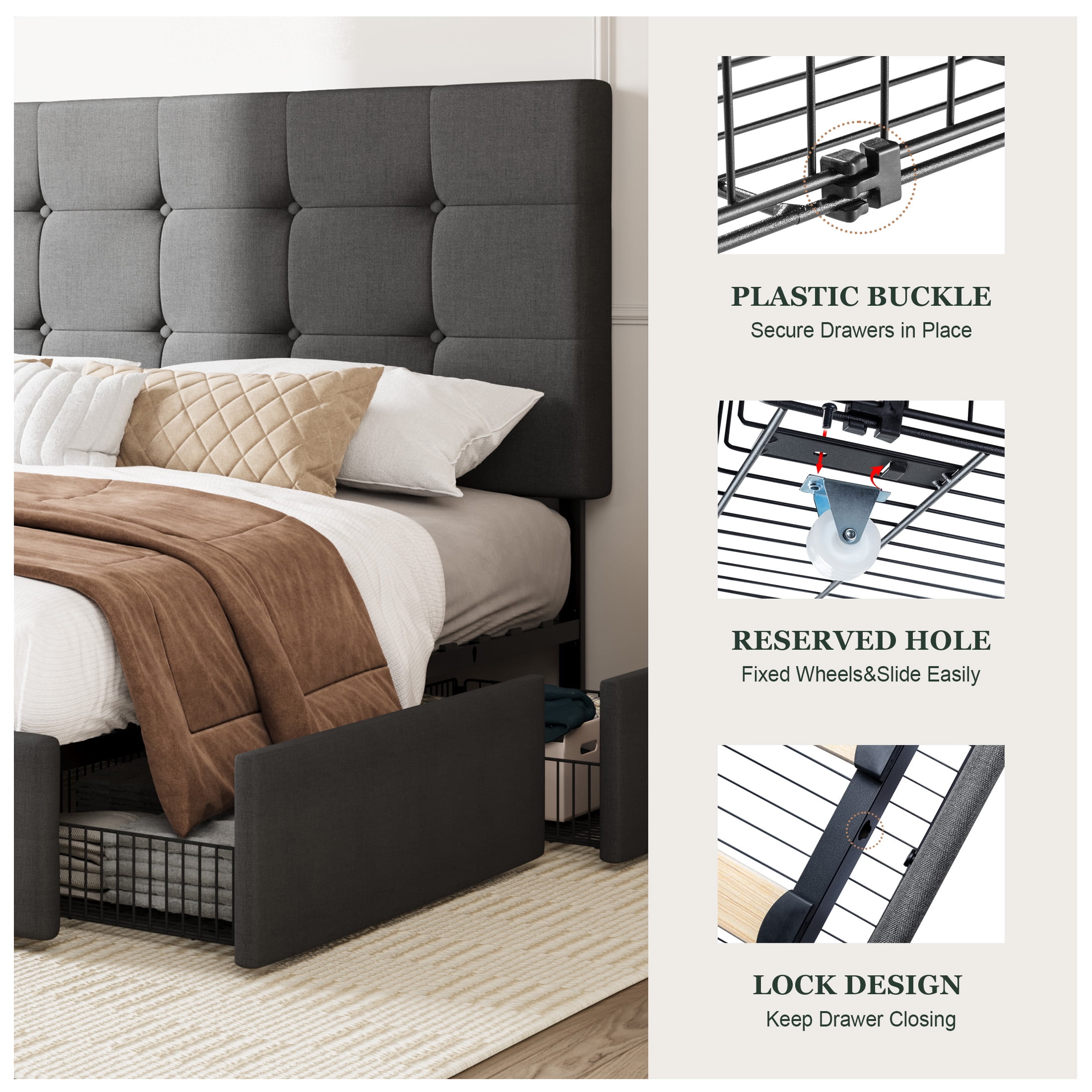 Amolife Queen Size Platform Bed Frame with Square-stitched Headboard and 4 Drawers, Dark Gray - Image 7