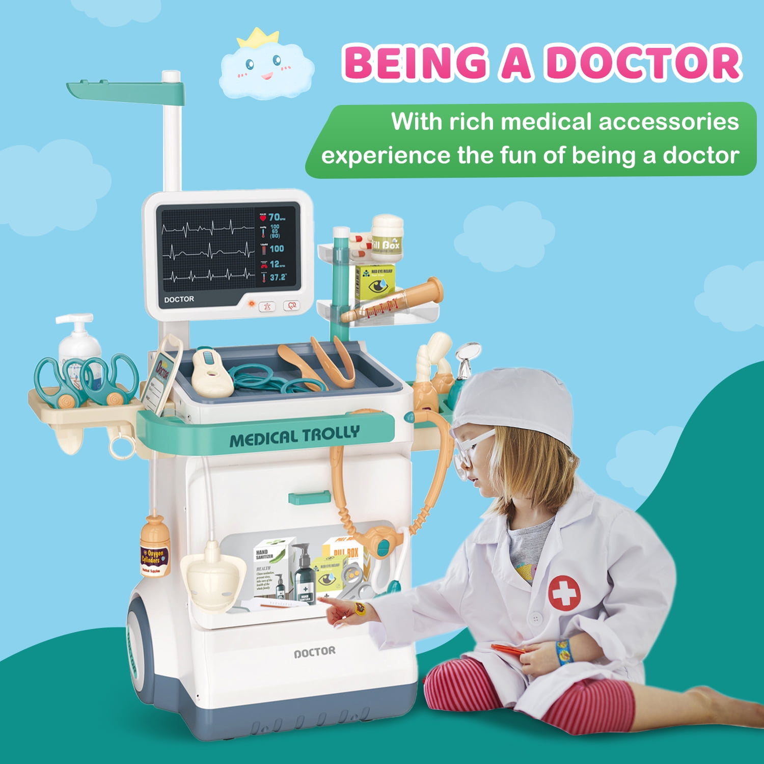 PayUSD Doctor Kit for Kids Doctor Set Pretend Play Medical Kit Station Set for Girls Boys Dr. Playset Role Play Mobile Cart Trolley for Toddler Toys Christmas Gift, 26 PCS - Image 3