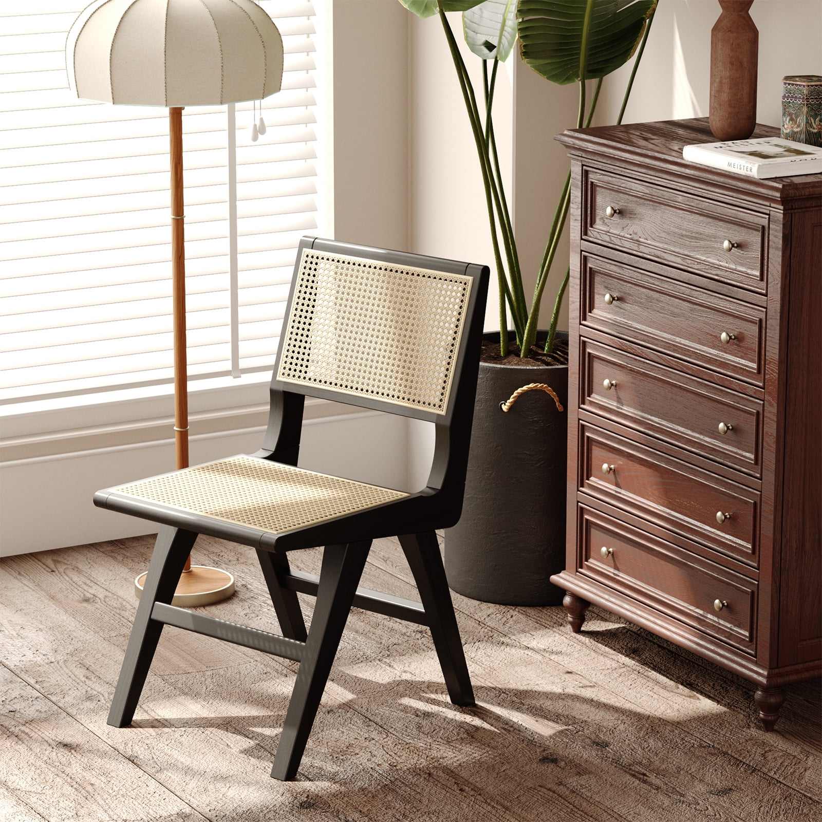 Sfugno Rattan Wood Chairs Set of 2,Accent Chairs with wood Legs,Mid-Century Modern Dining chairs for Living Room,Black - Image 8