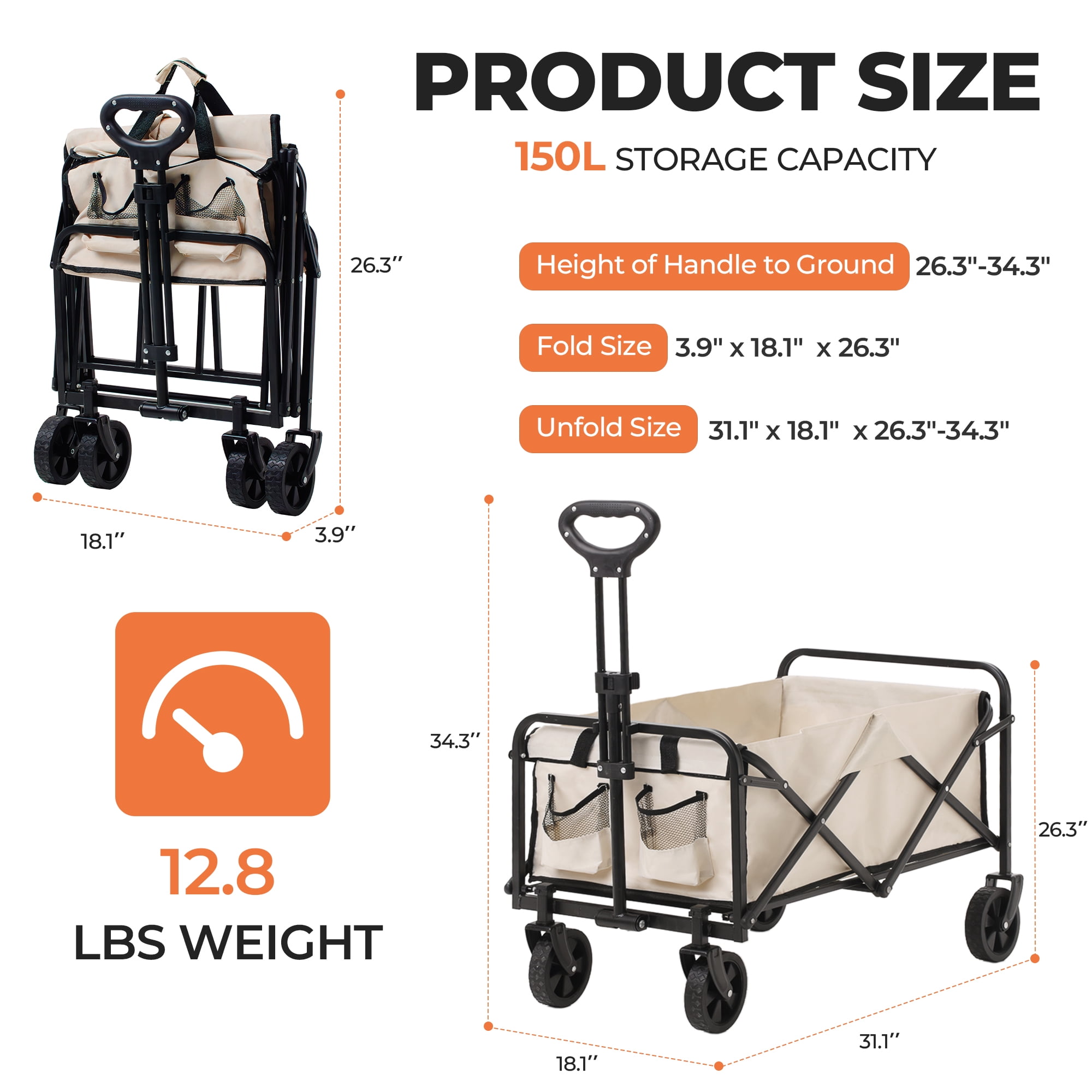 Folding Utility Wagon, Collapsible Outdoor Wagon Cart for Camping, Gardening, Picnic, Beach, Beige - Image 3