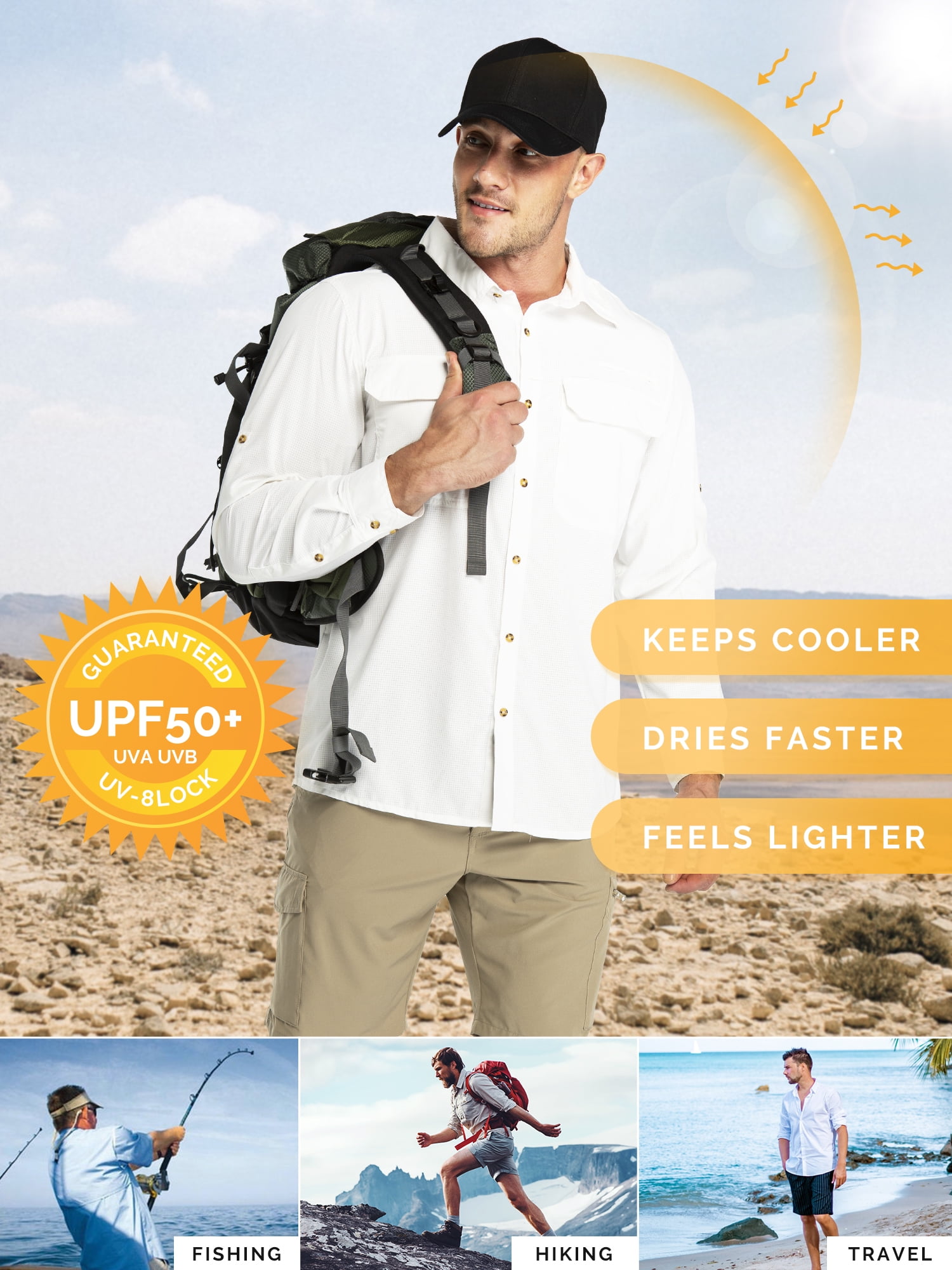 33,000ft Men's Long Sleeve Sun Protection Shirt UPF 50+ UV Quick Dry Cooling Fishing Shirts for Travel Camping Hiking White Large - Image 4