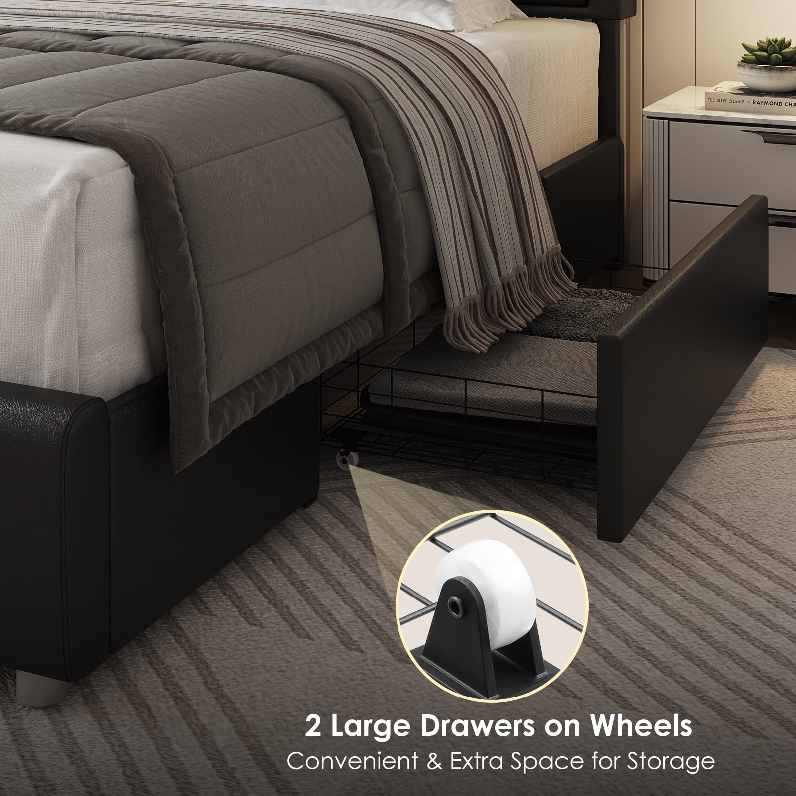 Homfa Queen Size LED Bed Frame with 2 Storage Drawers, Modern Leather Upholstered Platform Bed Frame with Adjustable Headboard, Black - Image 8