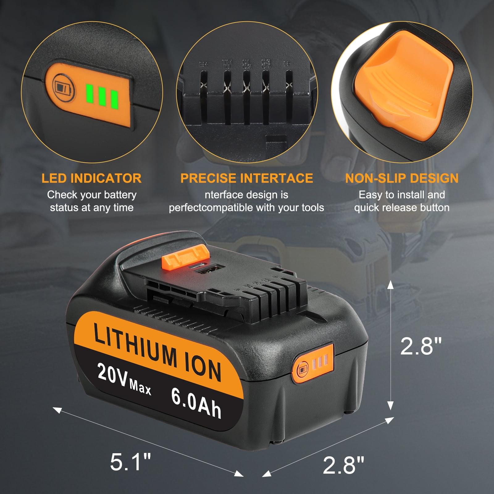 2 Pack DCB200 20V 6.0Ah Battery Replacement for Dewalt 20V Battery DCB206 DCB205 DCB204 - Image 5
