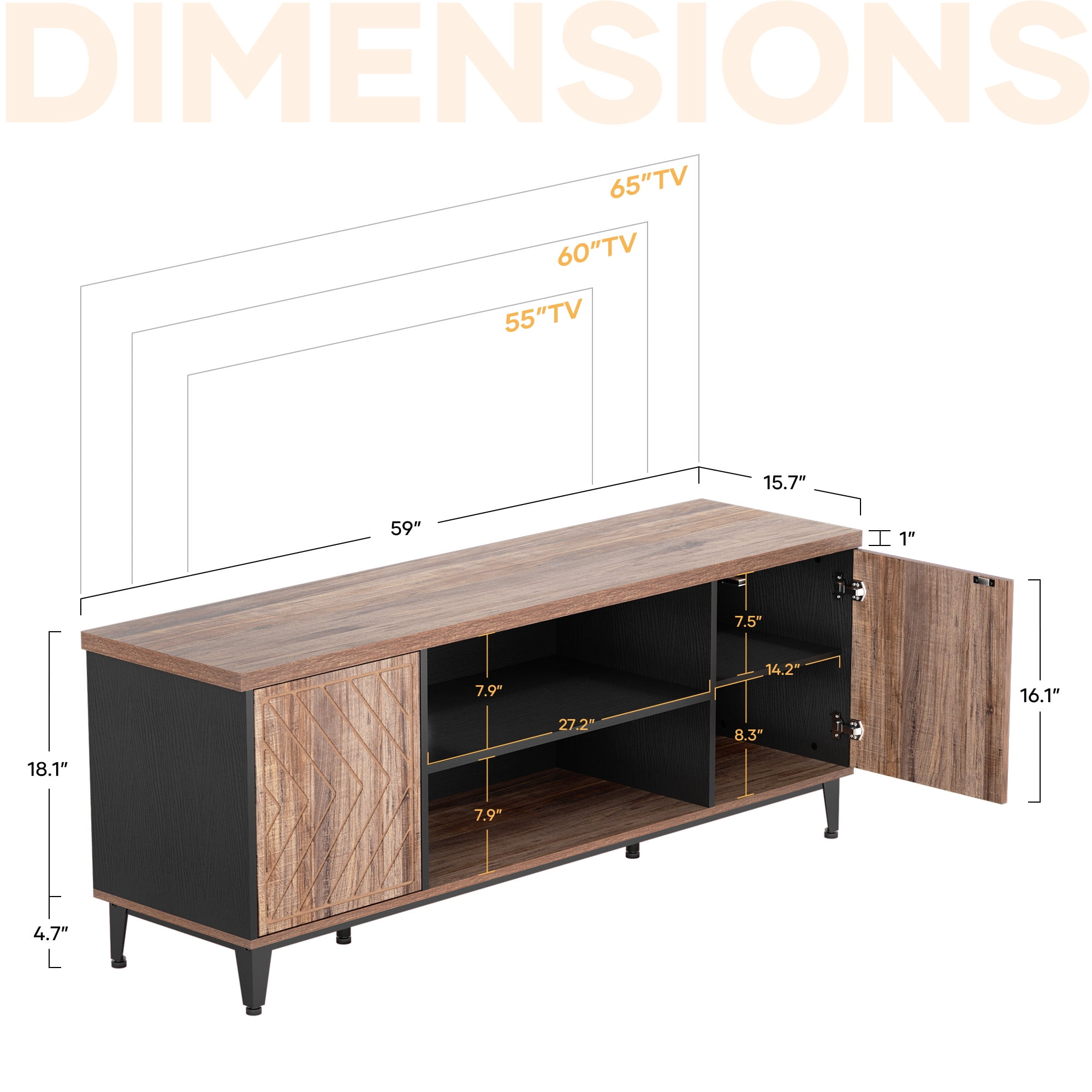 MARNUR 59" TV Stand for TVs up to 65", Entertainment Center Media Console Table with Storage, LED Light for Living Room, Mid-Century, Rustic Oak - Image 4