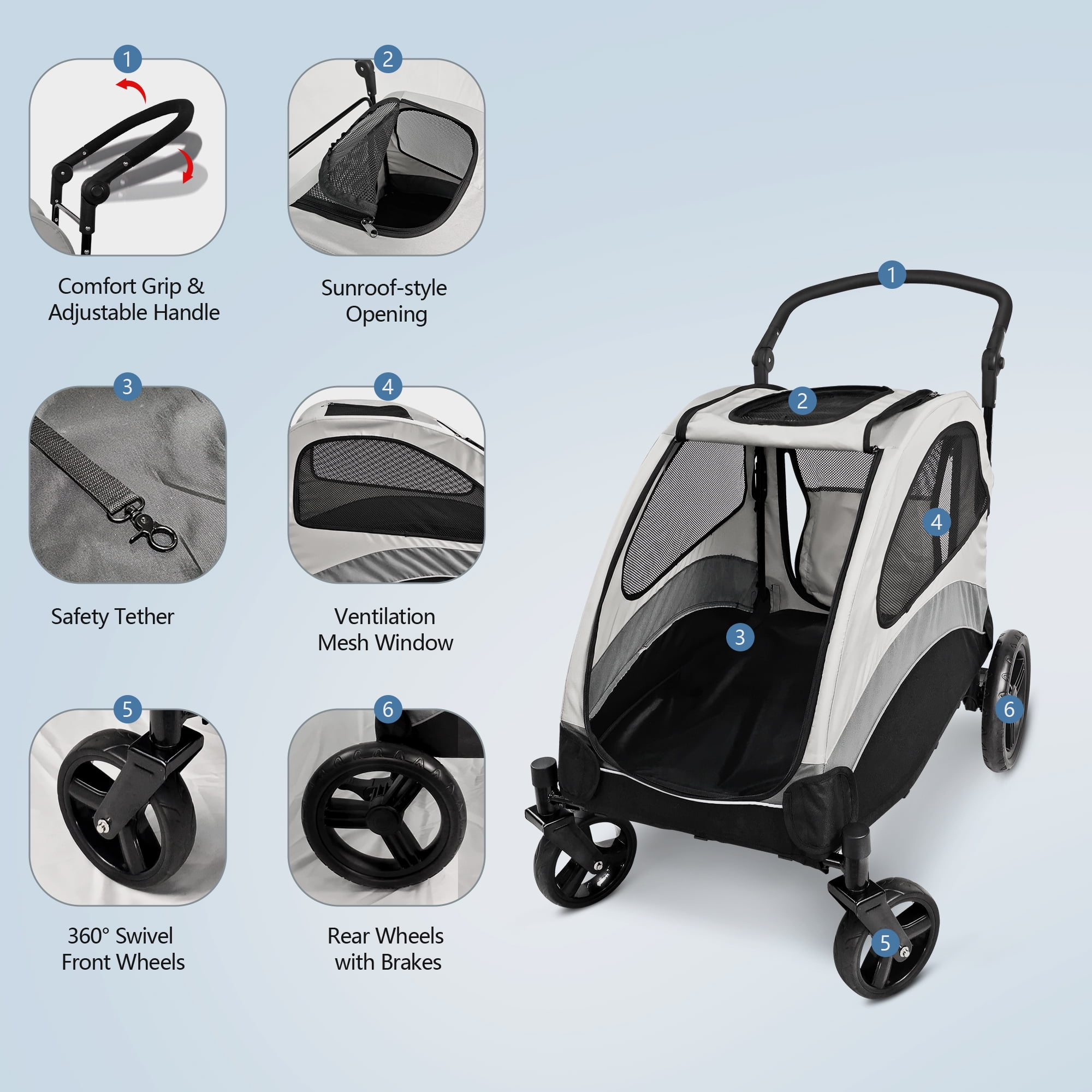 Foldable Pet Stroller for Large or 2 Dogs Cats Jogger Wagon with 4 Wheels - Image 7