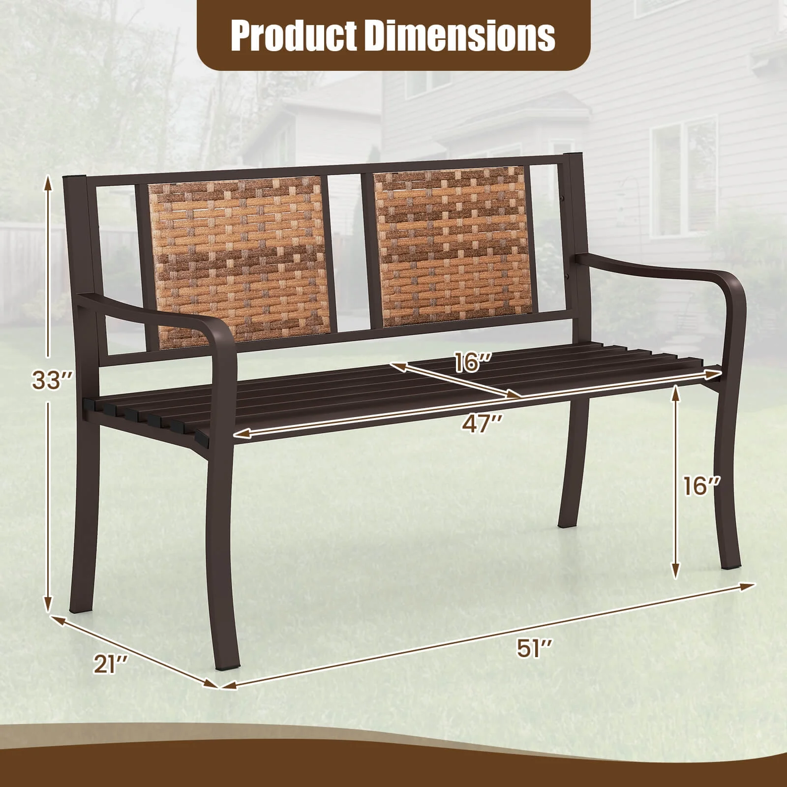 Costway Patio Garden Bench Steel Frame Rattan Backrest Park Yard Outdoor Porch Furniture - Image 3