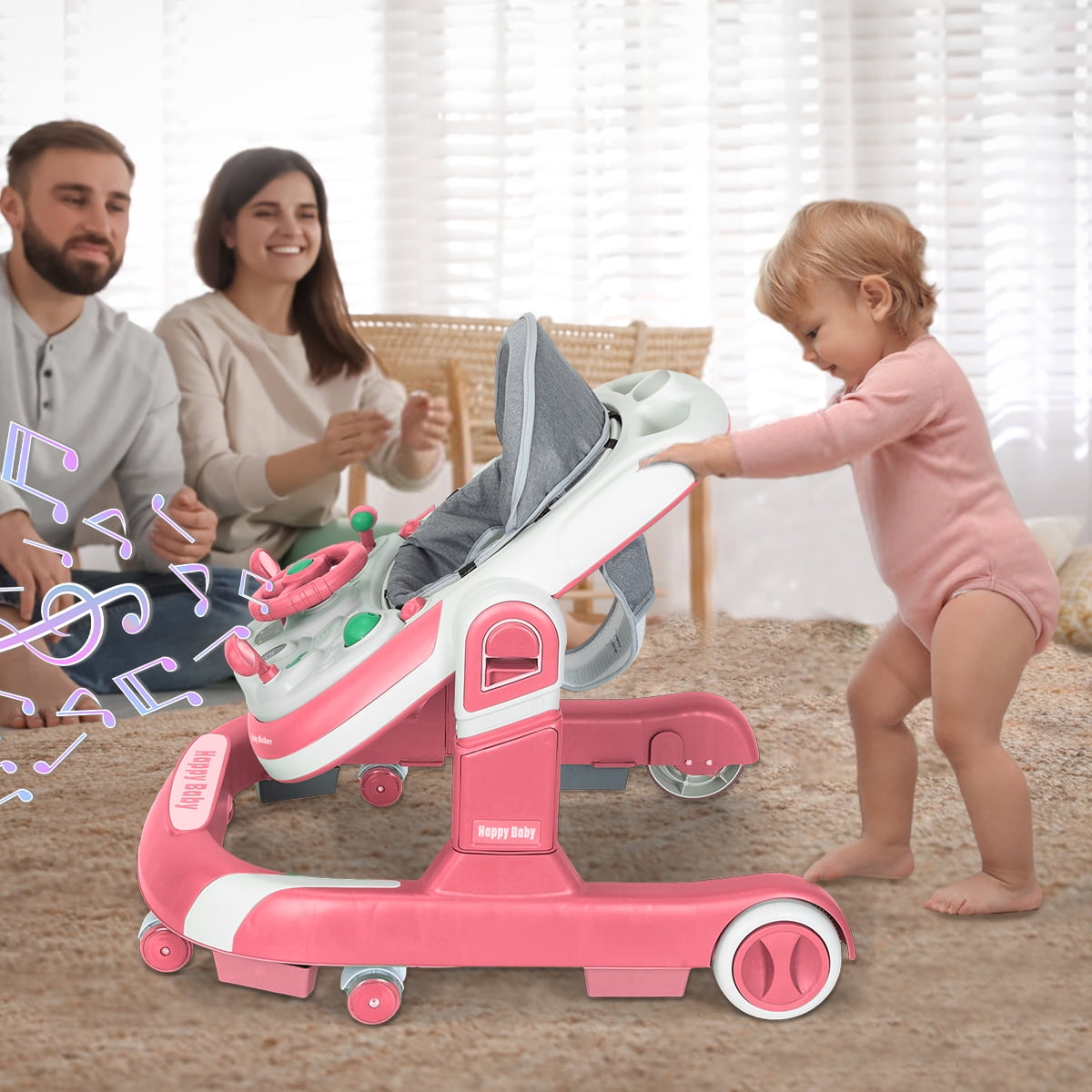 AJONALAA 4-in-1 Musical Infant Baby Walker with Wheels, Push Walker for Girls Boys, Red - Image 3