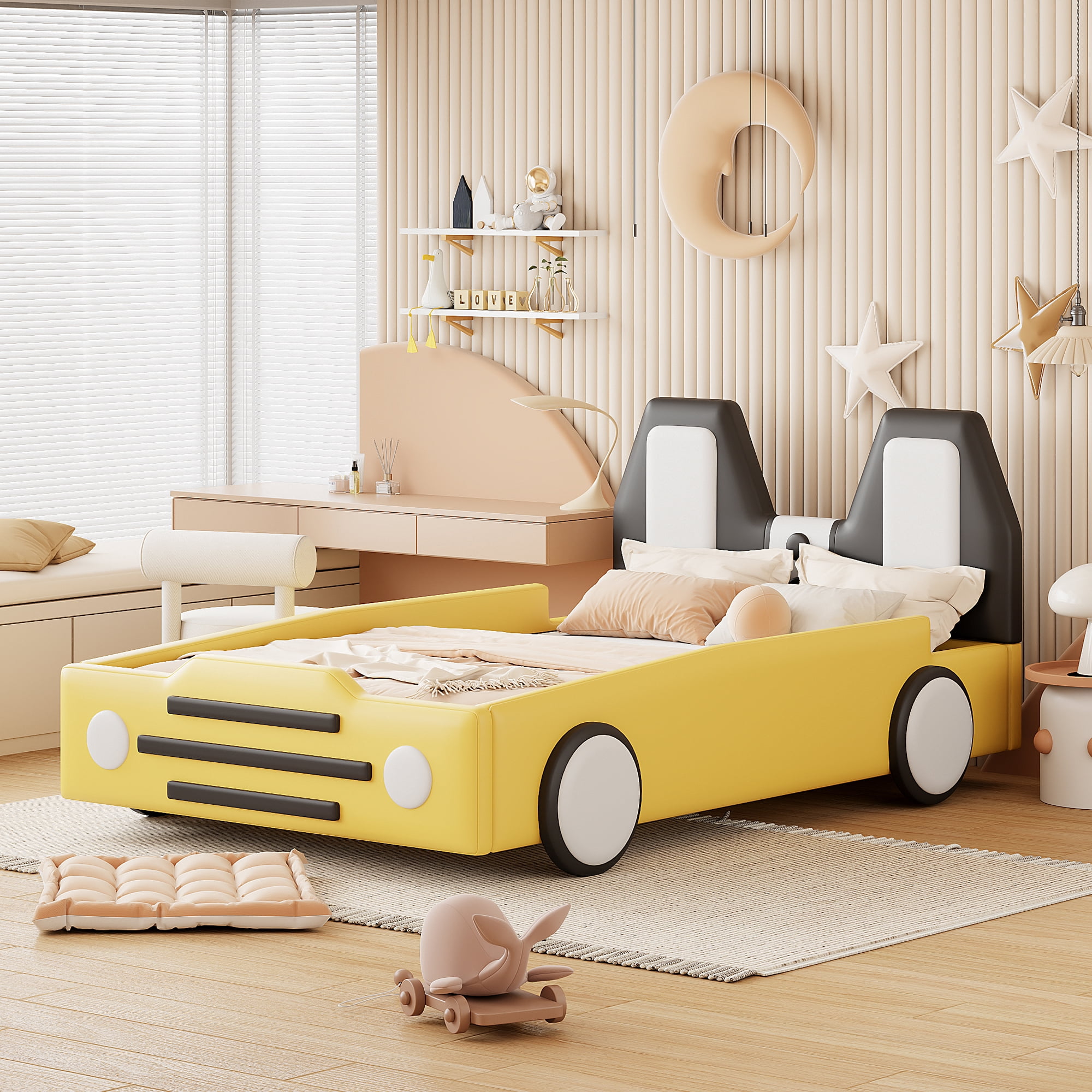 Euroco Upholsterered Race Car-Shaped Twin Size Platform Bed for Bedroom, Yellow - Image 5