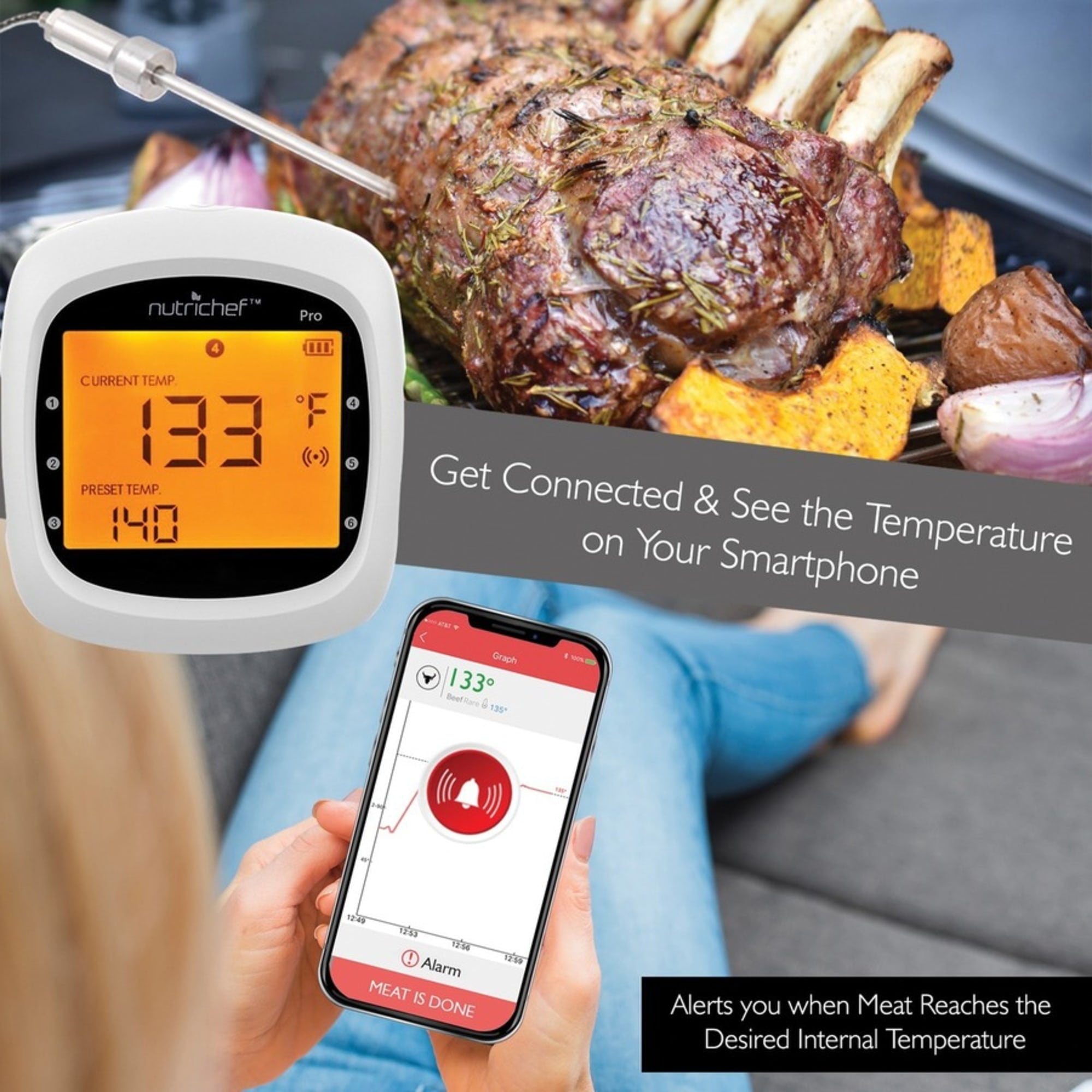 NutriChef Smart Bluetooth BBQ Grill Thermometer PWIRBBQ80 - Indicator Light, Wireless, Digital Display, Backlight, Temperature History, Alarm, Hassle-free - For Barbecue - White, Black - Image 6