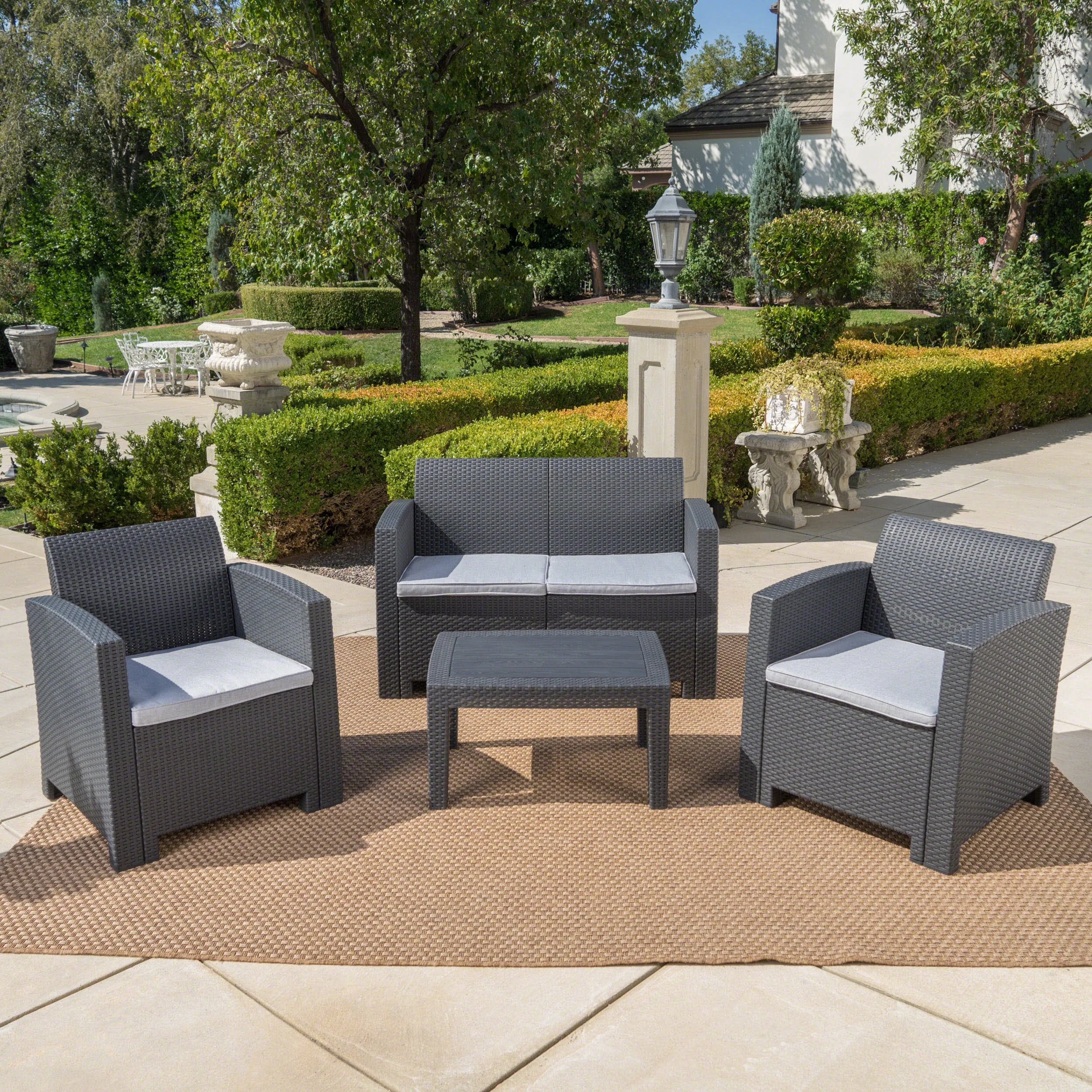 Outdoor 4 Piece Faux Wicker Rattan Style Chat Set with Cushions, Charcoal Light Grey - Image 5