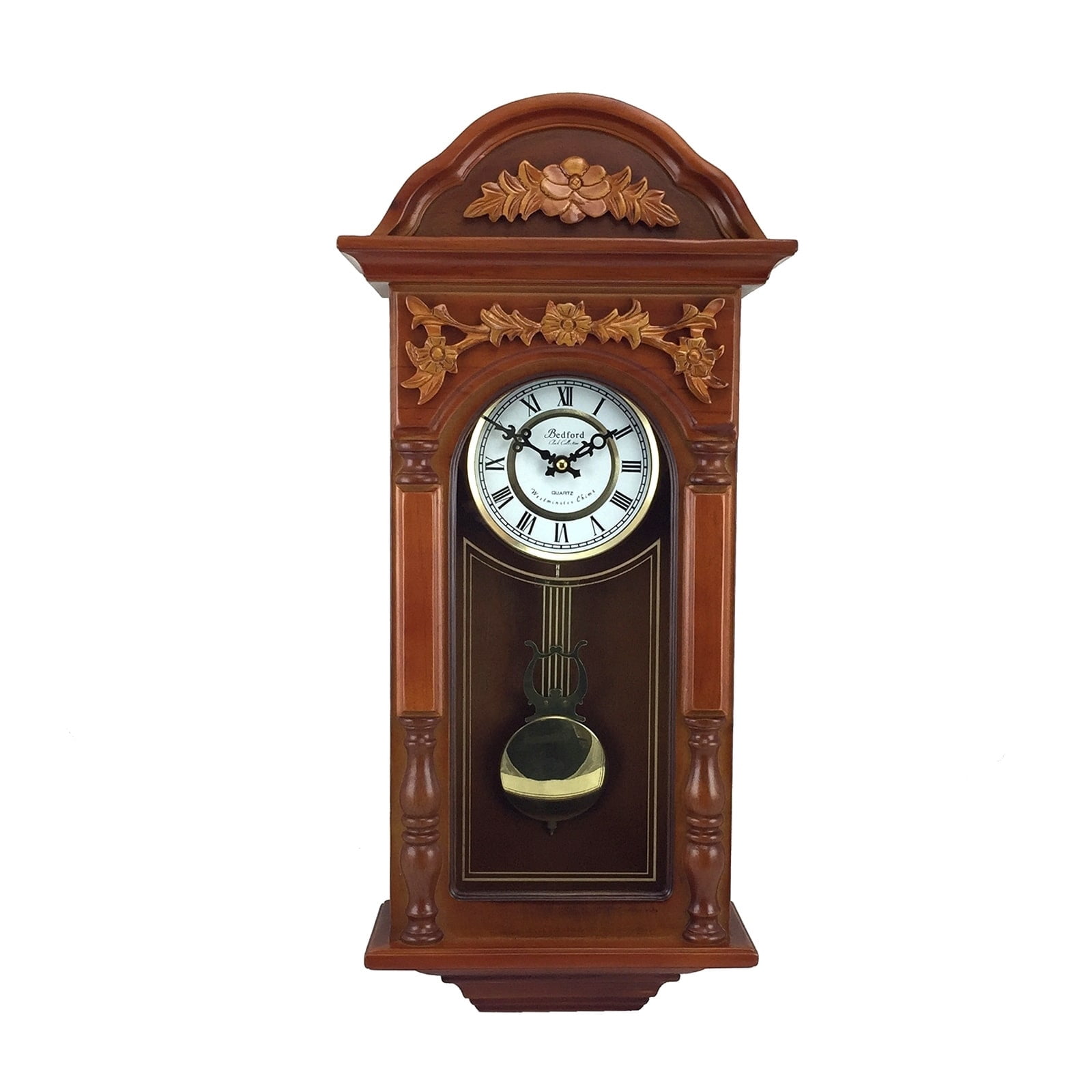 Bedford Clock Collection 27.5" Antique Chiming Wall Clock with Roman Numerals in a Padauk Oak Finish - Image 2