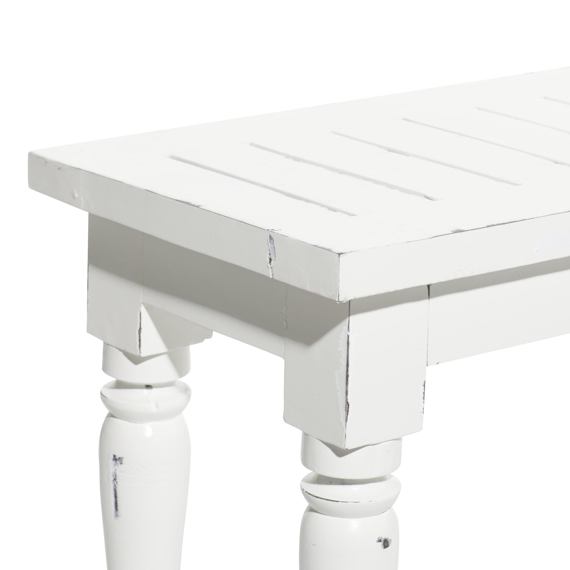 DecMode Wood Extra Long Distressed Slatted Bench with Turned Legs, White - Image 2