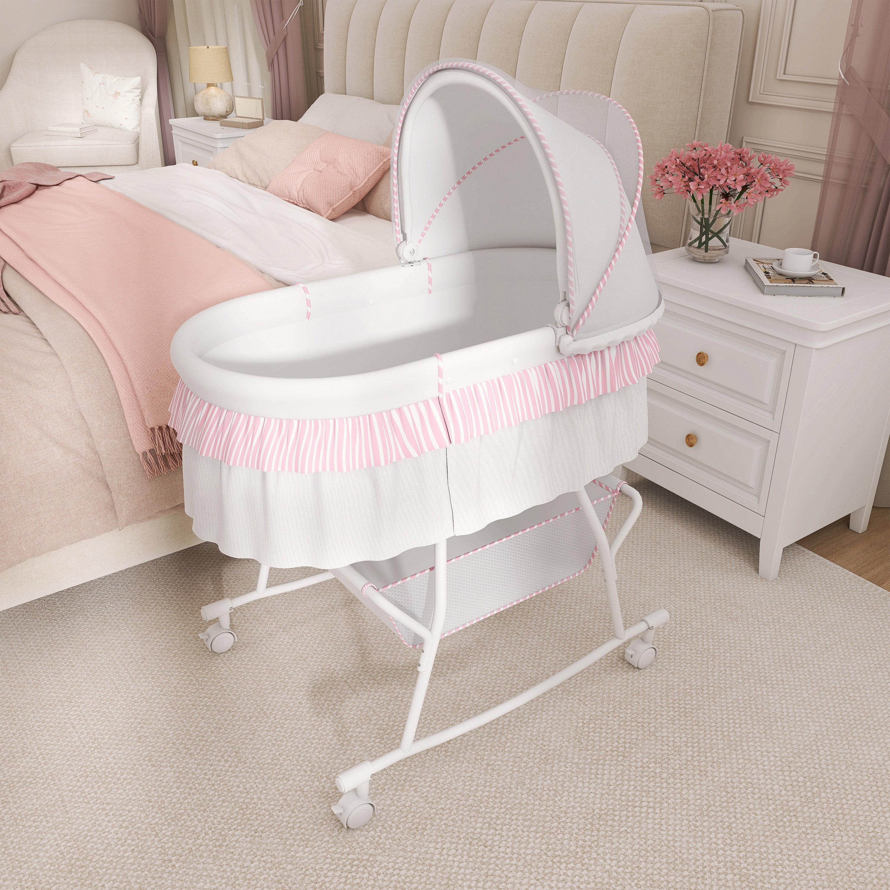 Dream On Me Lacy Portable 2-in-1 Bassinet & Cradle in Pink and White, Lightweight Baby Bassinet - Image 6