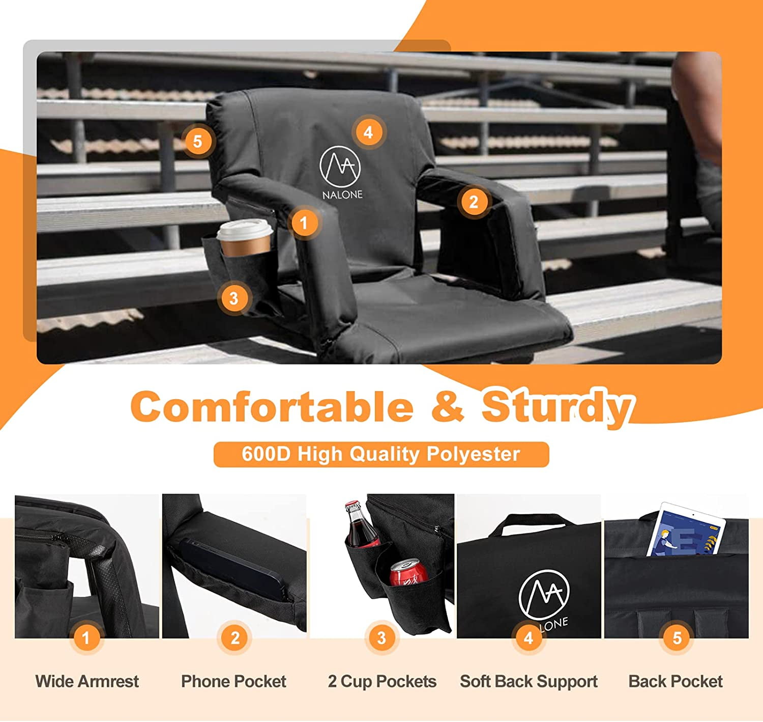 NALONE Folding Stadium Seat 25 inch Wide Stadium Chairs for Bleachers Portable with Back Supports Thick Padded Cushion Armrests Reclining - Image 3