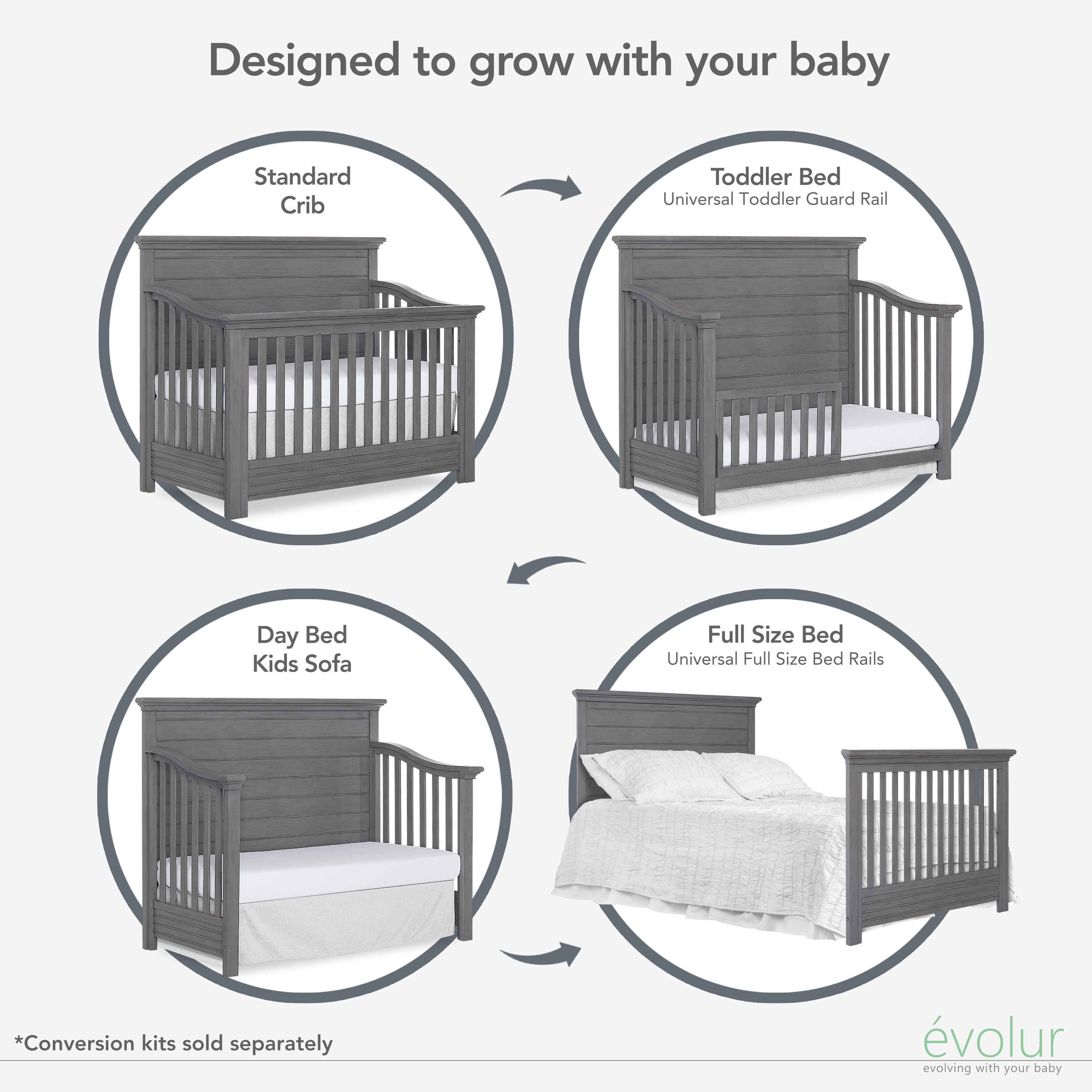evolur Waverly 5-in-1 Full Panel Convertible Crib, Rustic Grey - Image 4