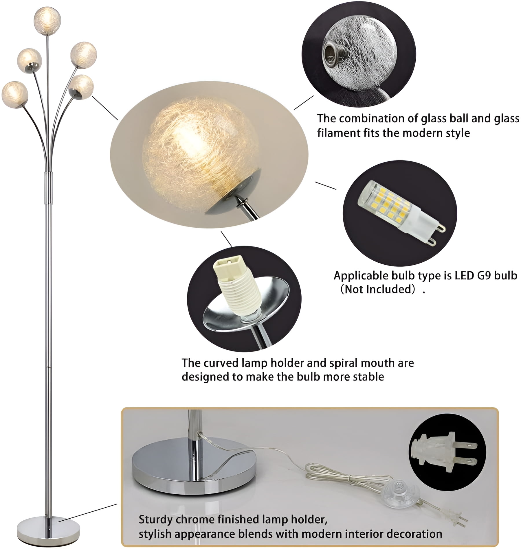 DingLiLighting 5 Lights Modern Globe Floor Lamps for Living Room, Farmhouse Tall Pole Tree Lighting for Bedroom, LED Corner Floor Lamp, Mid Century, G9 Bulb - Image 6