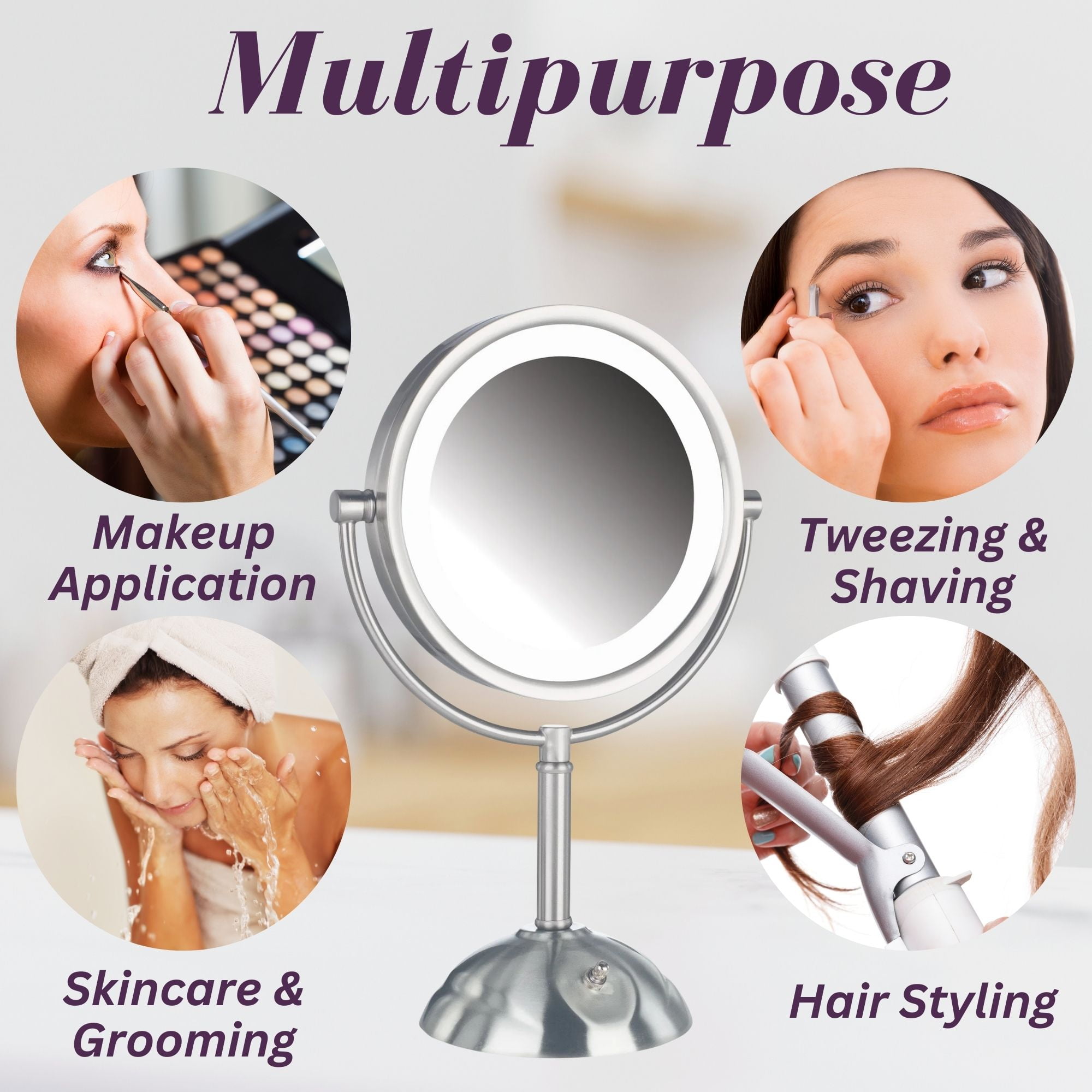 JERDON Lighted Tabletop Makeup Mirror - 1X and 8X Magnification - Nickel Finish - 8.5-Inch Diameter Vanity Mirror – Plug In - Model HL8808NL - Image 6