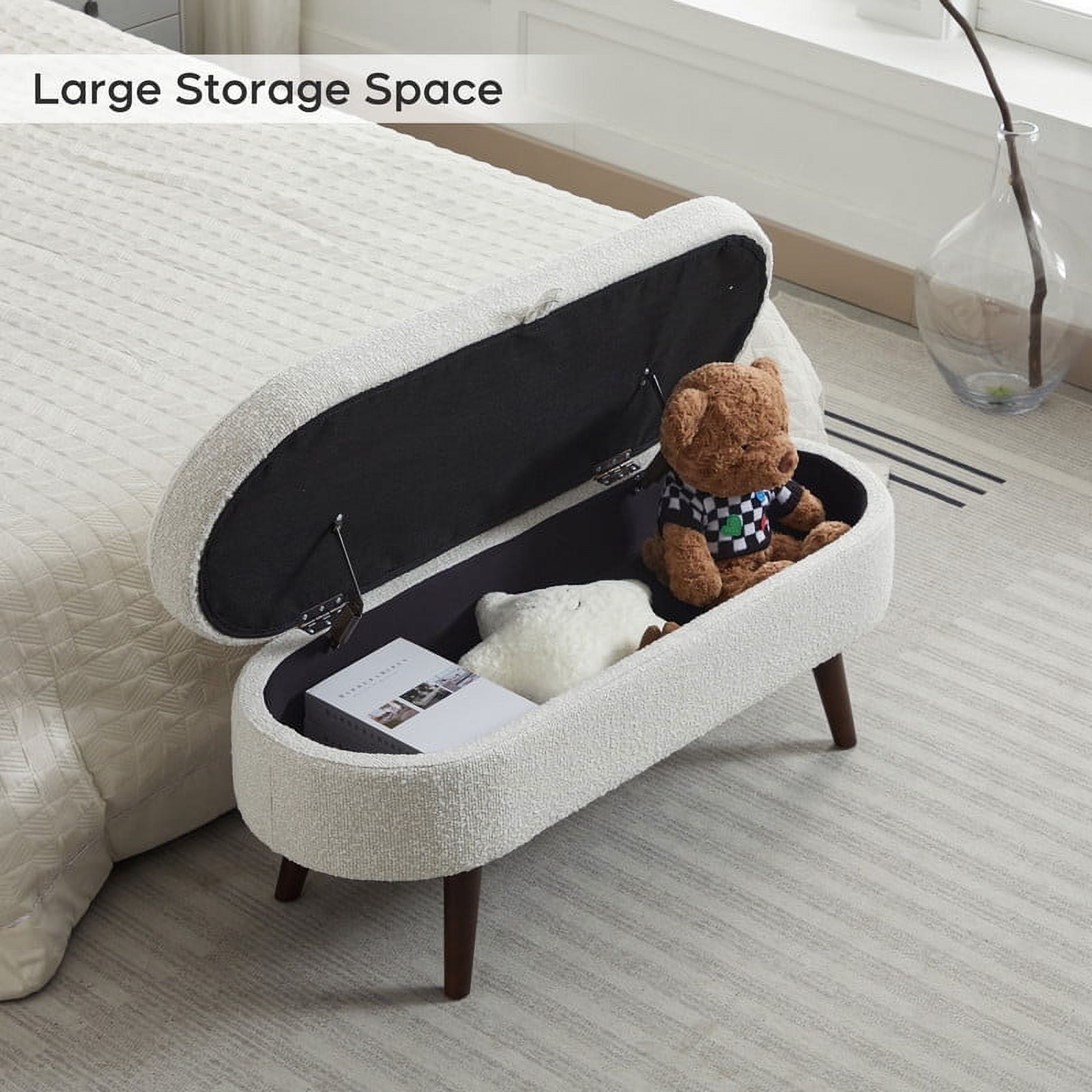 Othniel 44" Beige Boucle Storage Ottoman Bench for Living Room Bedroom Oval Footrest Wood Legs - Image 3