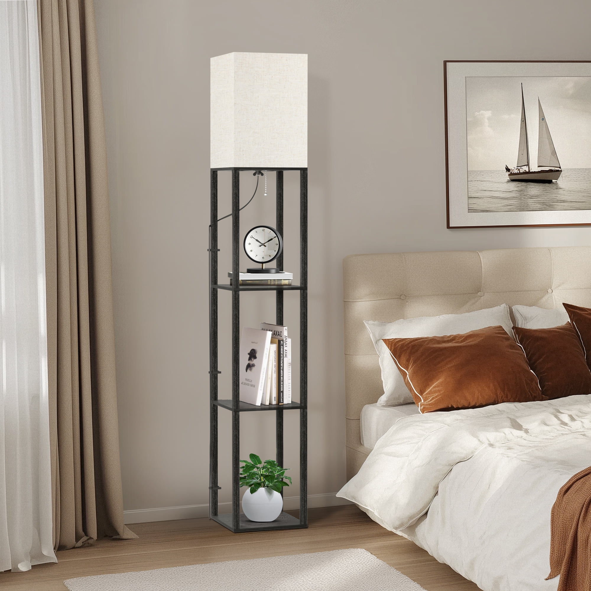 OUTON 63" Floor Lamp with Shelves, Modern Dimmable Standing Lamps with Remote Control for Living Room, Bedroom, Black - Image 3