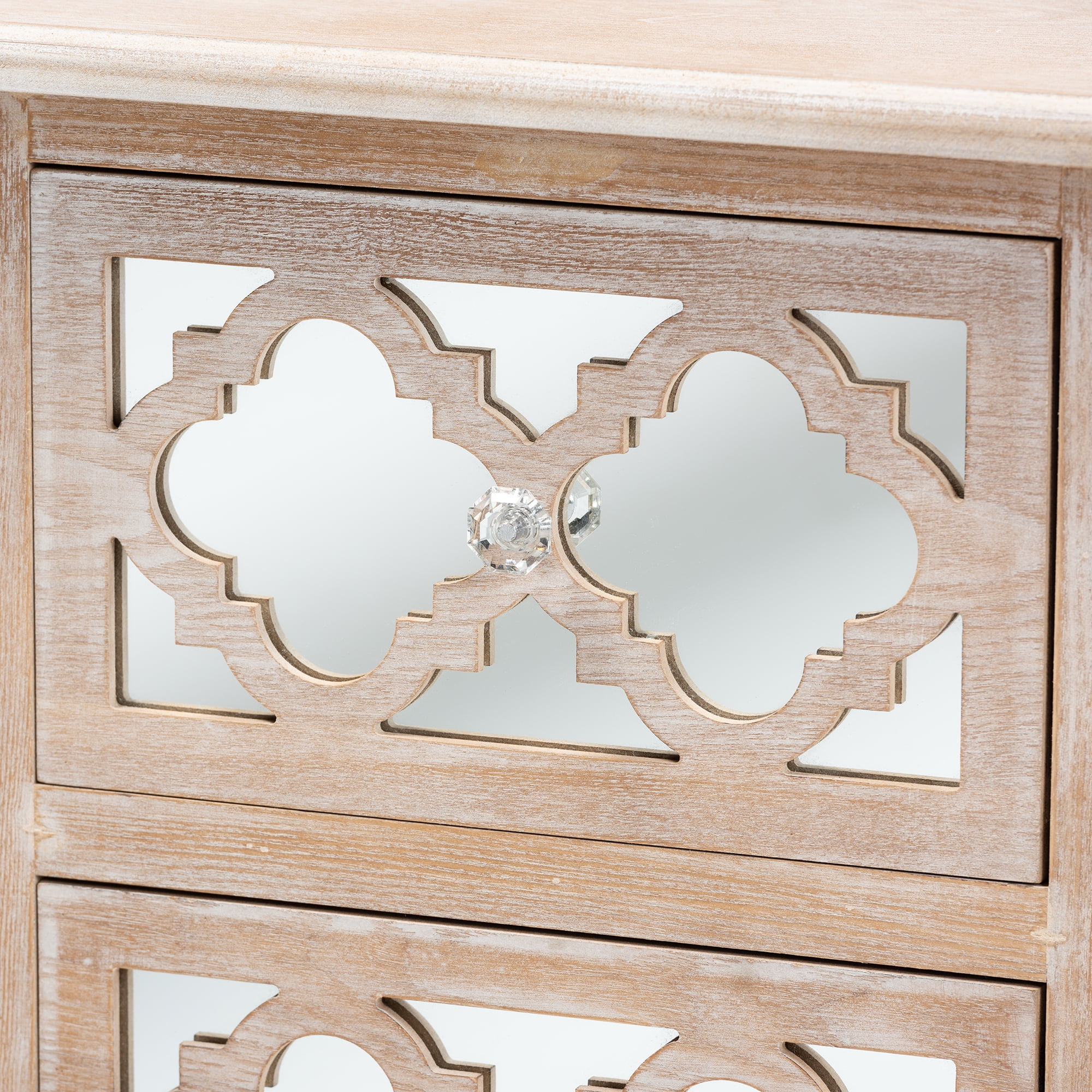Baxton Studio Celia Transitional Rustic French Country White-Washed Wood and Mirror 2-Drawer Quatrefoil End Table - Image 3