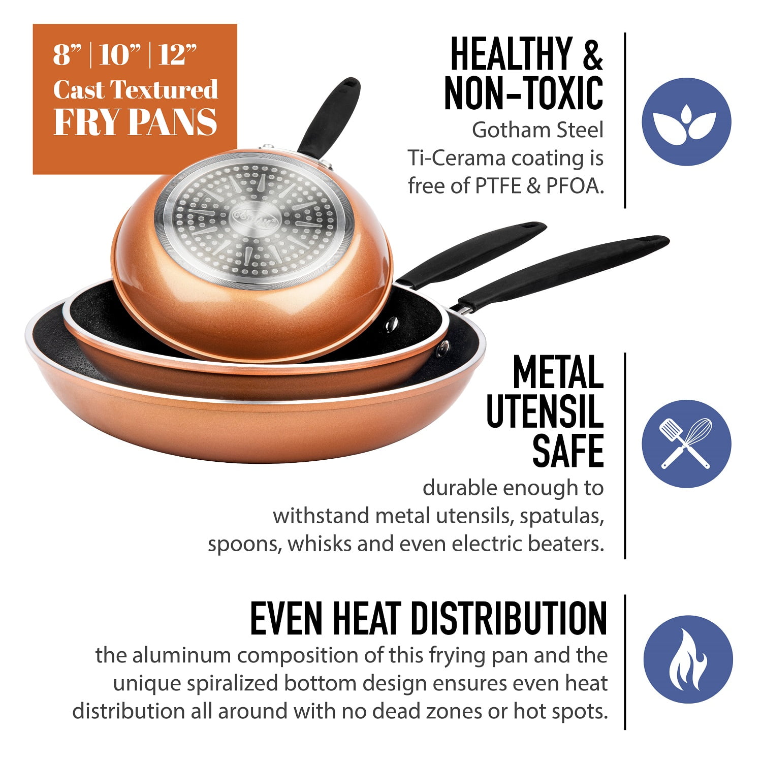 Gotham Steel Diamond 3-Piece Copper Cast Frying Pan Set, Nonstick Cookware - Image 4