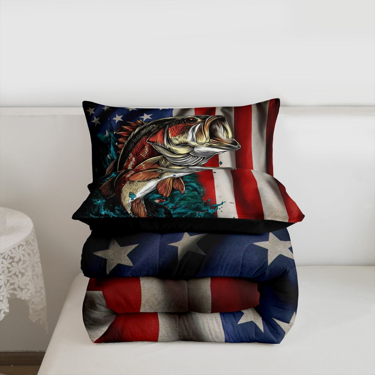 American Flag Bass FishingTwin Bedding Set Fisherman Fishing Comforter USA Flag Duvet Insert Big Pike Fish Fishing Lures Hook Hunting Decor Quilt Hunting and Fishing Farmhouse Decor - Image 2