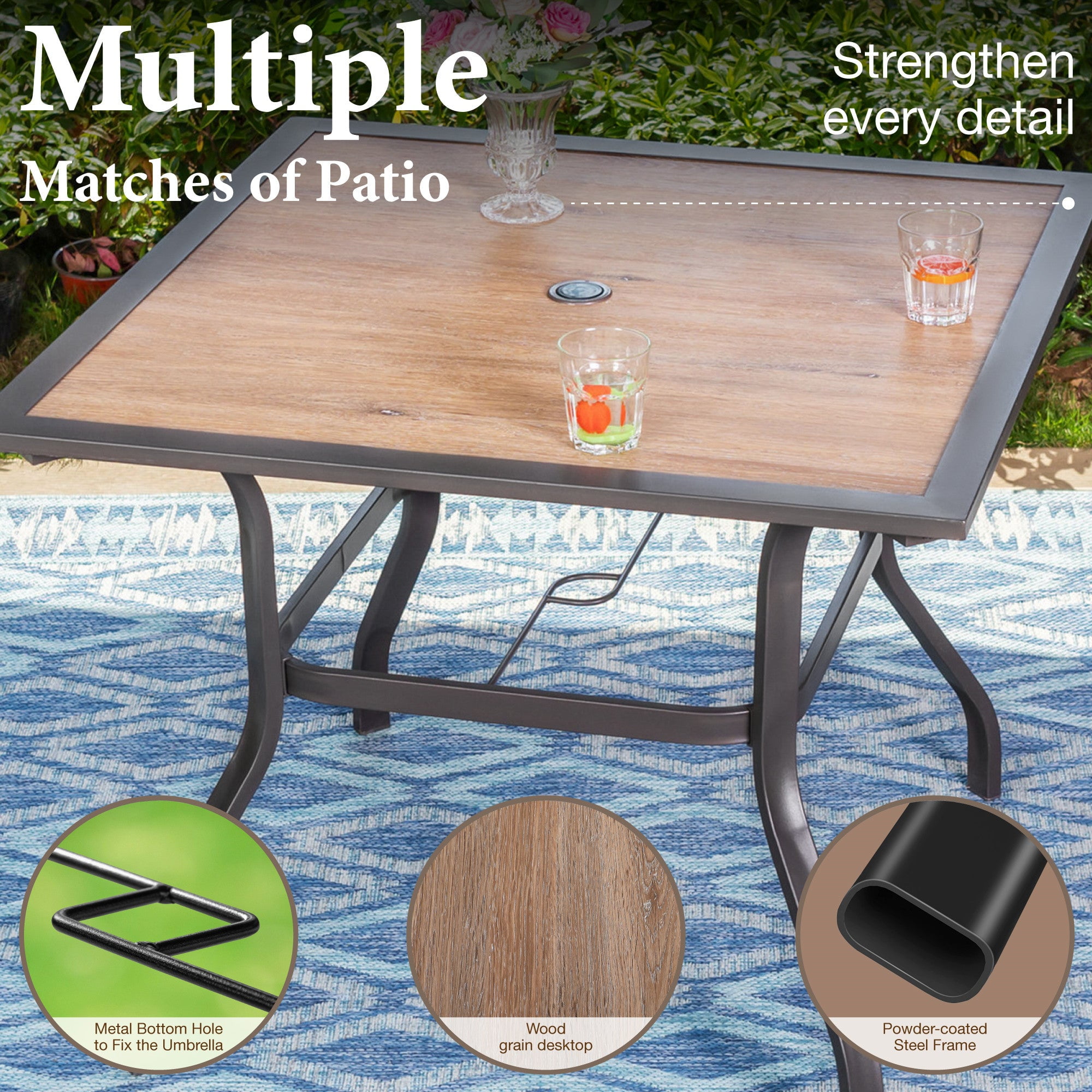 MF Studio 5-Piece Outdoor Patio Wicker Dining Set with Cushioned Chairs & 37" Square Wood-Grain Table, Brown - Image 10
