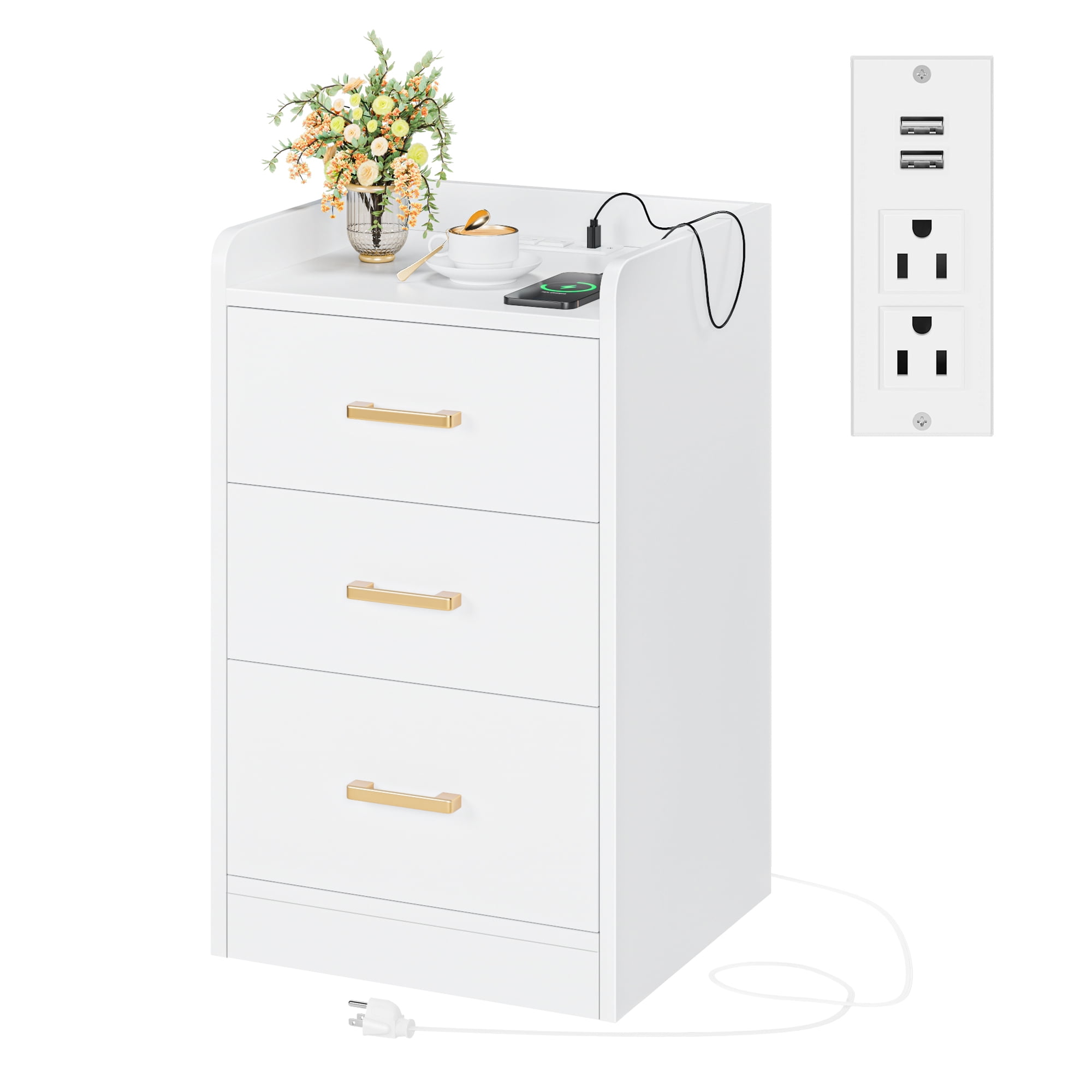 Homfa White Nightstand with Charging Station, 3 Drawers Nightstand for Bedroom, Modern Storage Cabinet for Living Room - Image 6