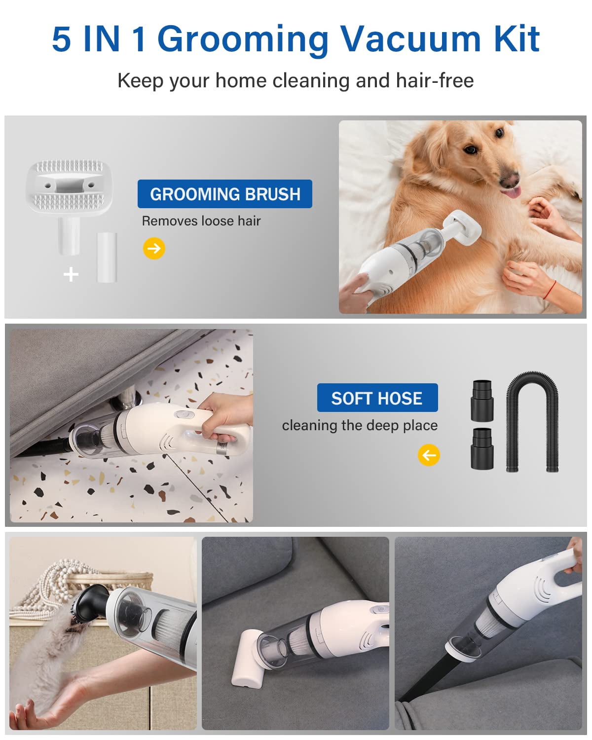 Prociv 5-in-1 Handheld Pet Hair Vacuum & Grooming Brush, Low Noise Pet Vacuum for Shedding Grooming with Slicker Brush, Wireless Pet Vacuum Cleaner for Cats Dogs Hair - Image 8
