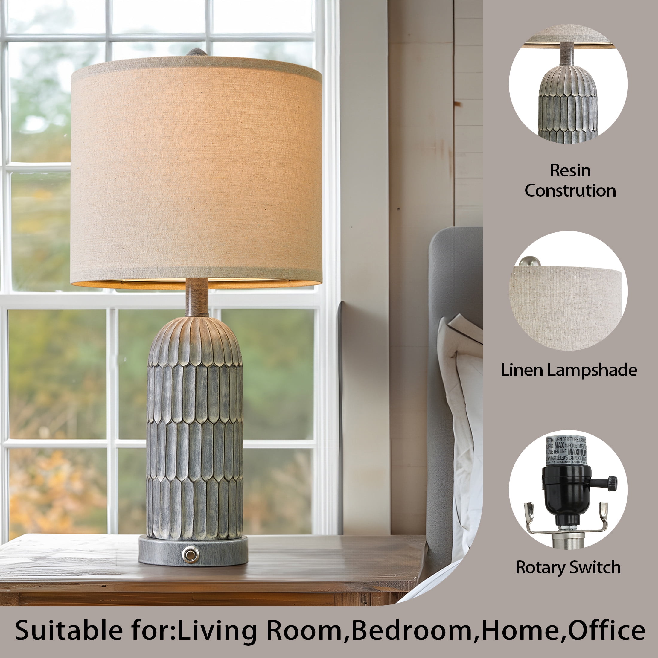 Oneach 3 Way Dimmable Farmhouse Table Lamp Set of 2 with USB Ports for Living Room Bedroom 22.5" Rustic Bedside Nightstands Lamp(Bulbs) - Image 6