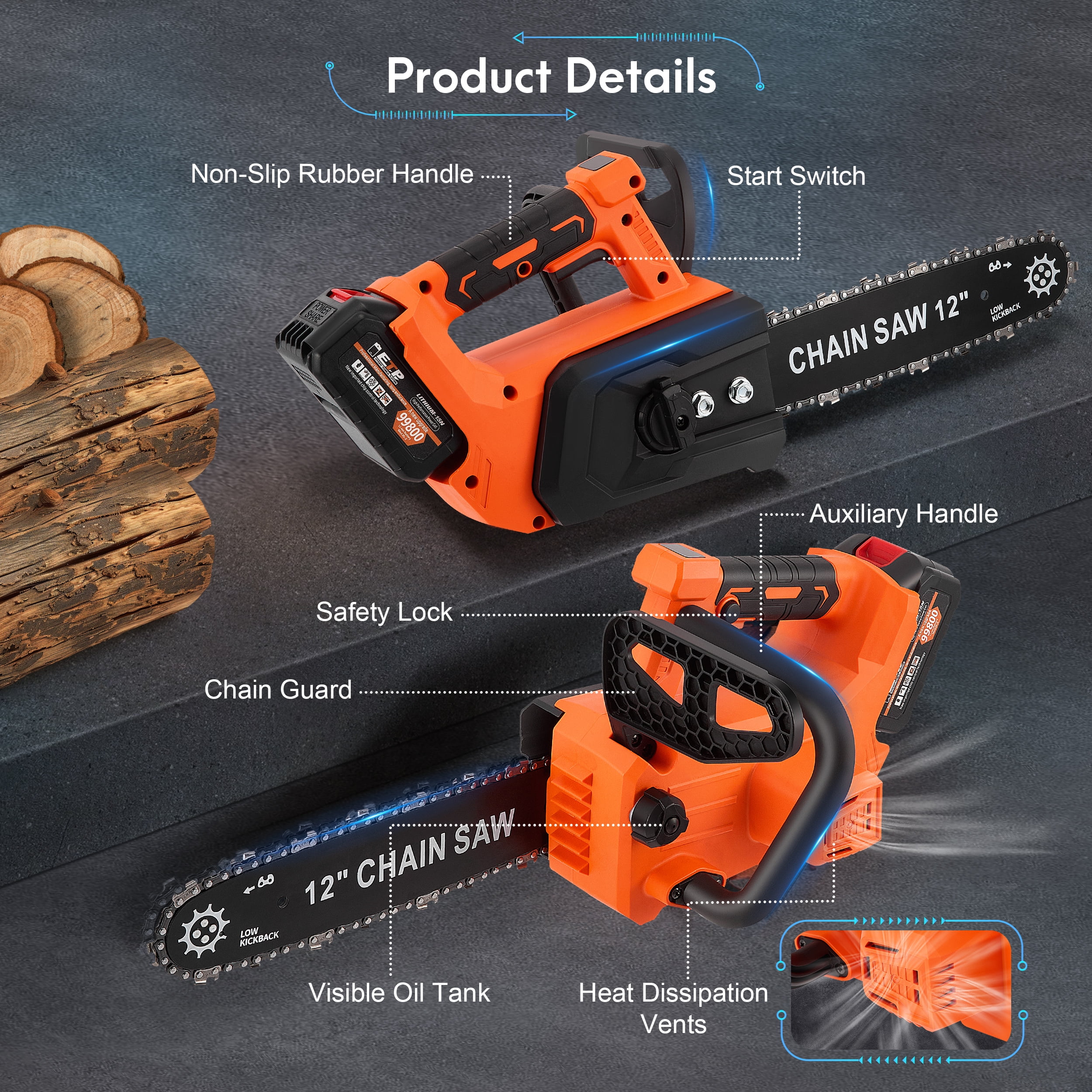 RELOIVE 12" Chainsaw, Cordless battery Chainsaw with 2x 4.0Ah Batteries , Electric Chainsaw with 1200W Brushless Motor, Automatic Lubrication, Power Chain Saw for Wood Cutting Tree Trimming - Image 10