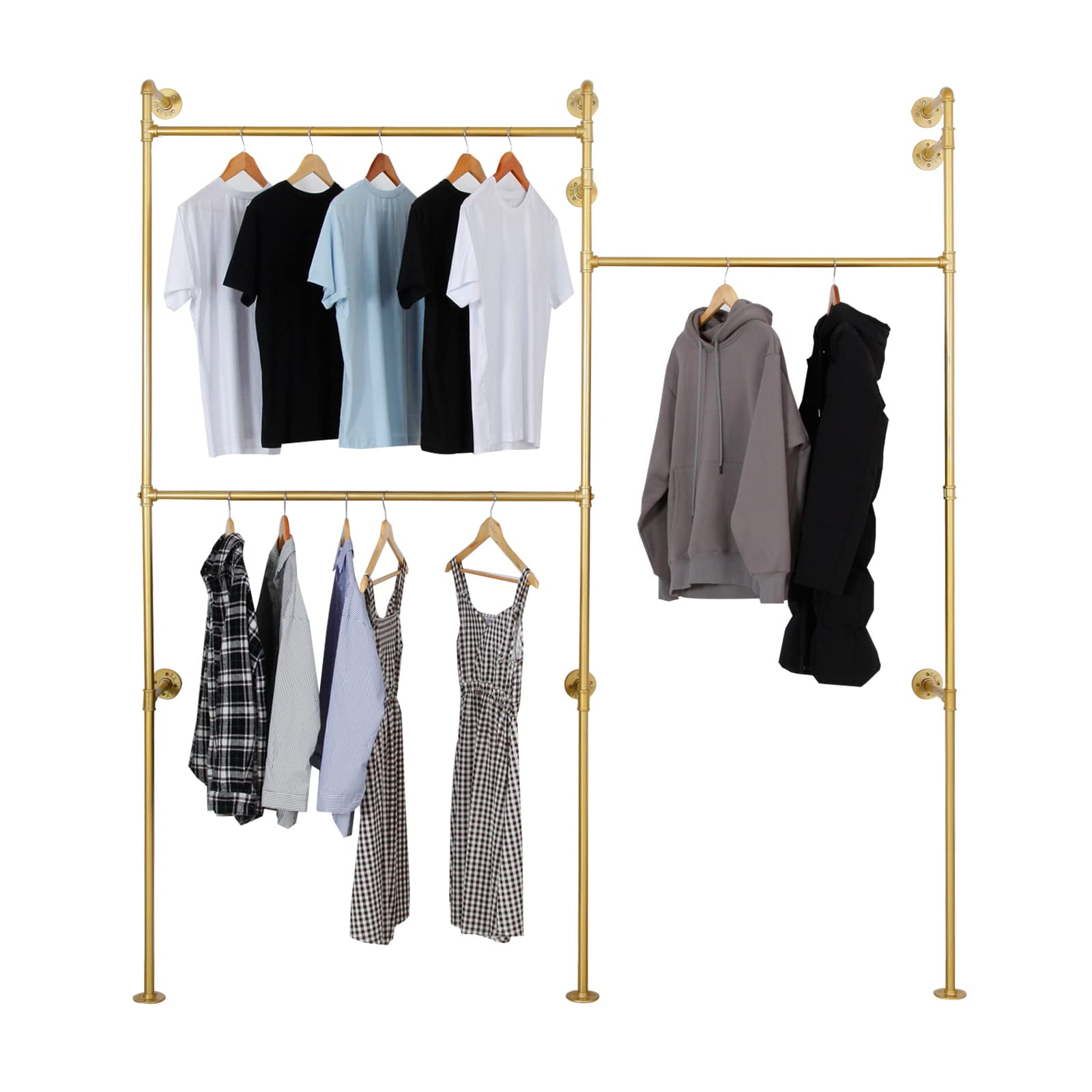 SSS Furniture Modern Simple Industrial Pipe Double Hanging Rods Clothing Rack, Clothes Rack Wall Mounted Heavy Duty Hanging Clothes Rack, Detachable Garment Bar 93.3X82.7inch (Gold) - Image 8