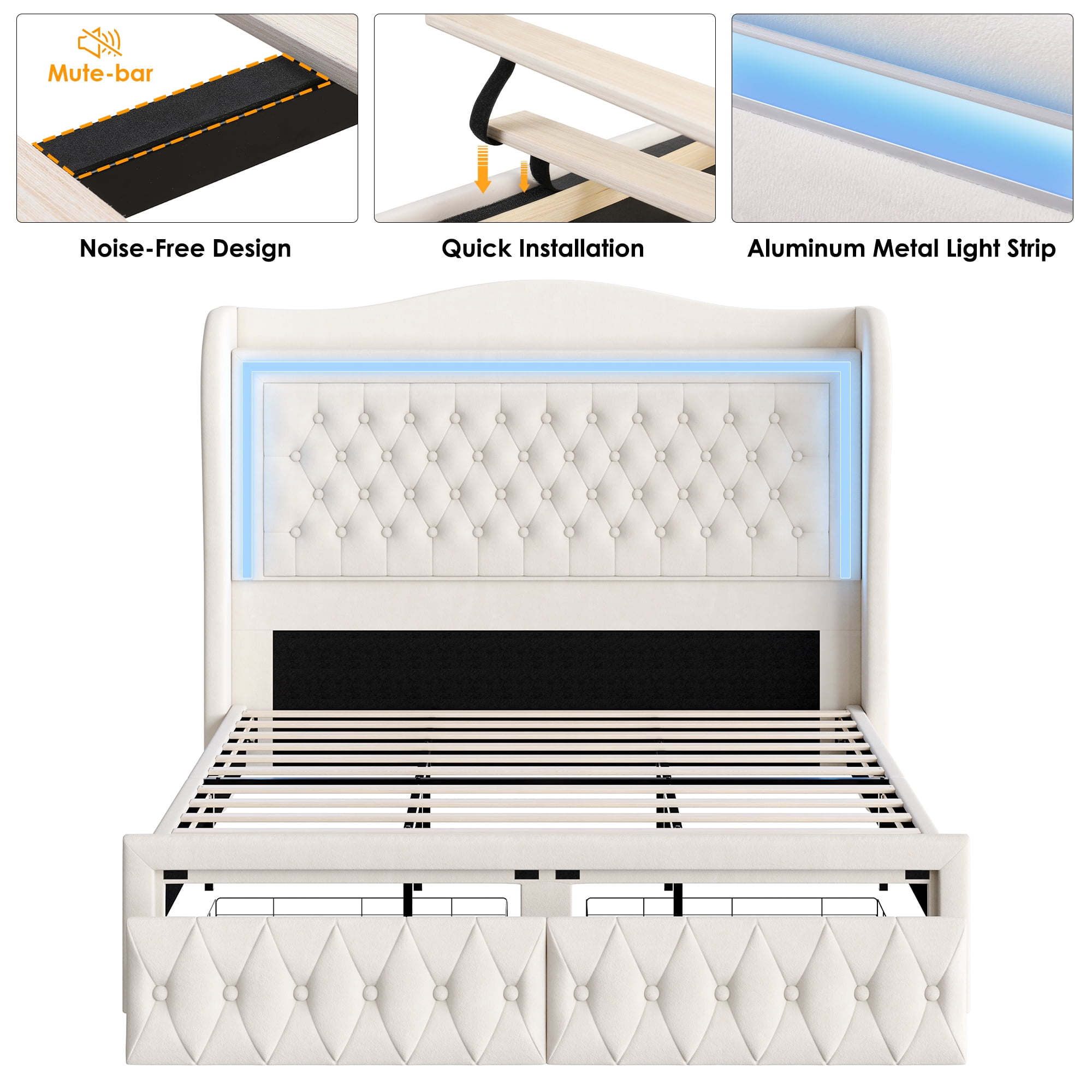 Homfa Queen Size LED Bed Frame with Storage Drawers, 54in Tall Velvet Upholstered Headboard Platform Bed with Wingback Buttons Headboard, Beige - Image 5