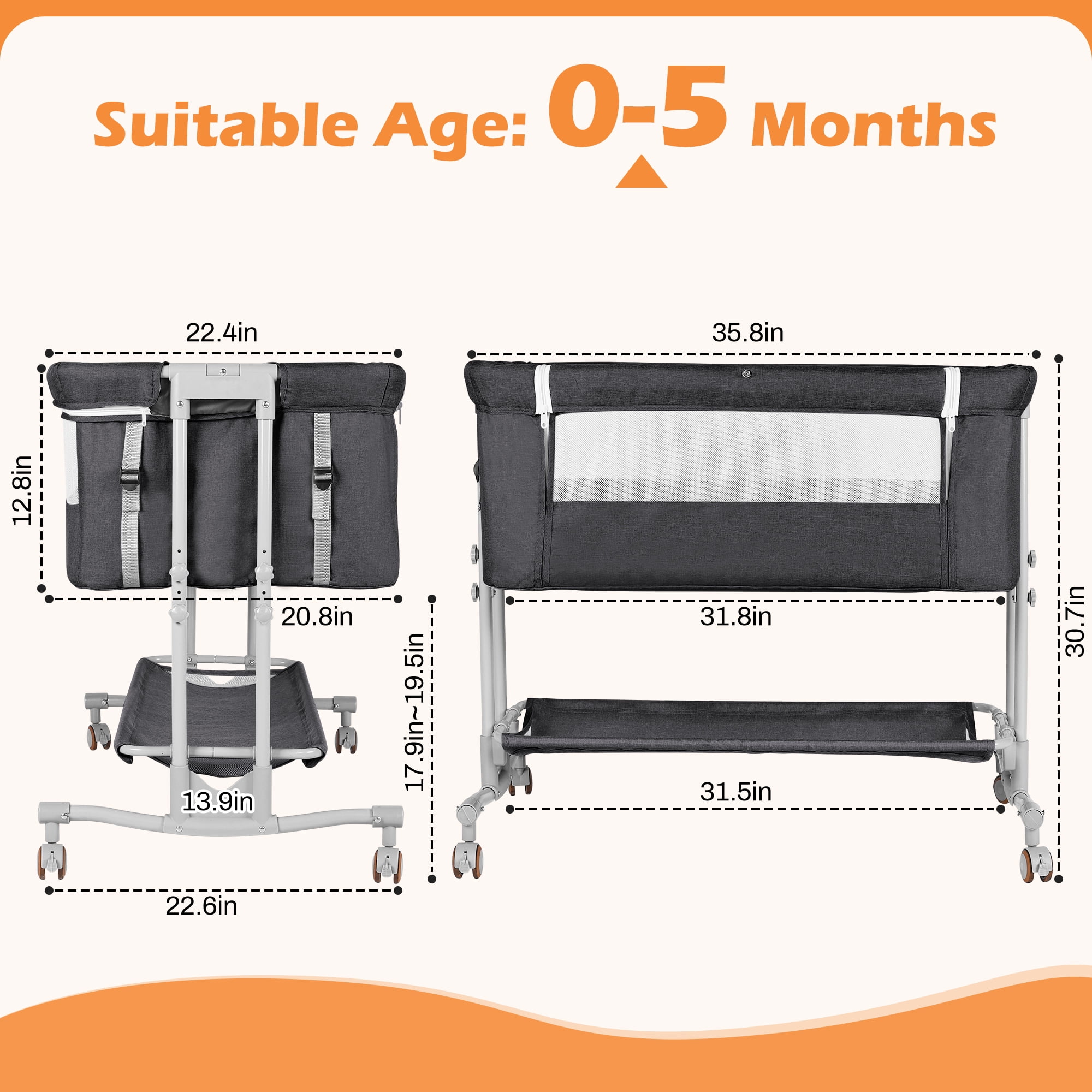 Babyeap Baby Bassinet Bedside Sleeper Bassinet for 0–5 Months Infants, Unisex, Dark Gray - Image 2