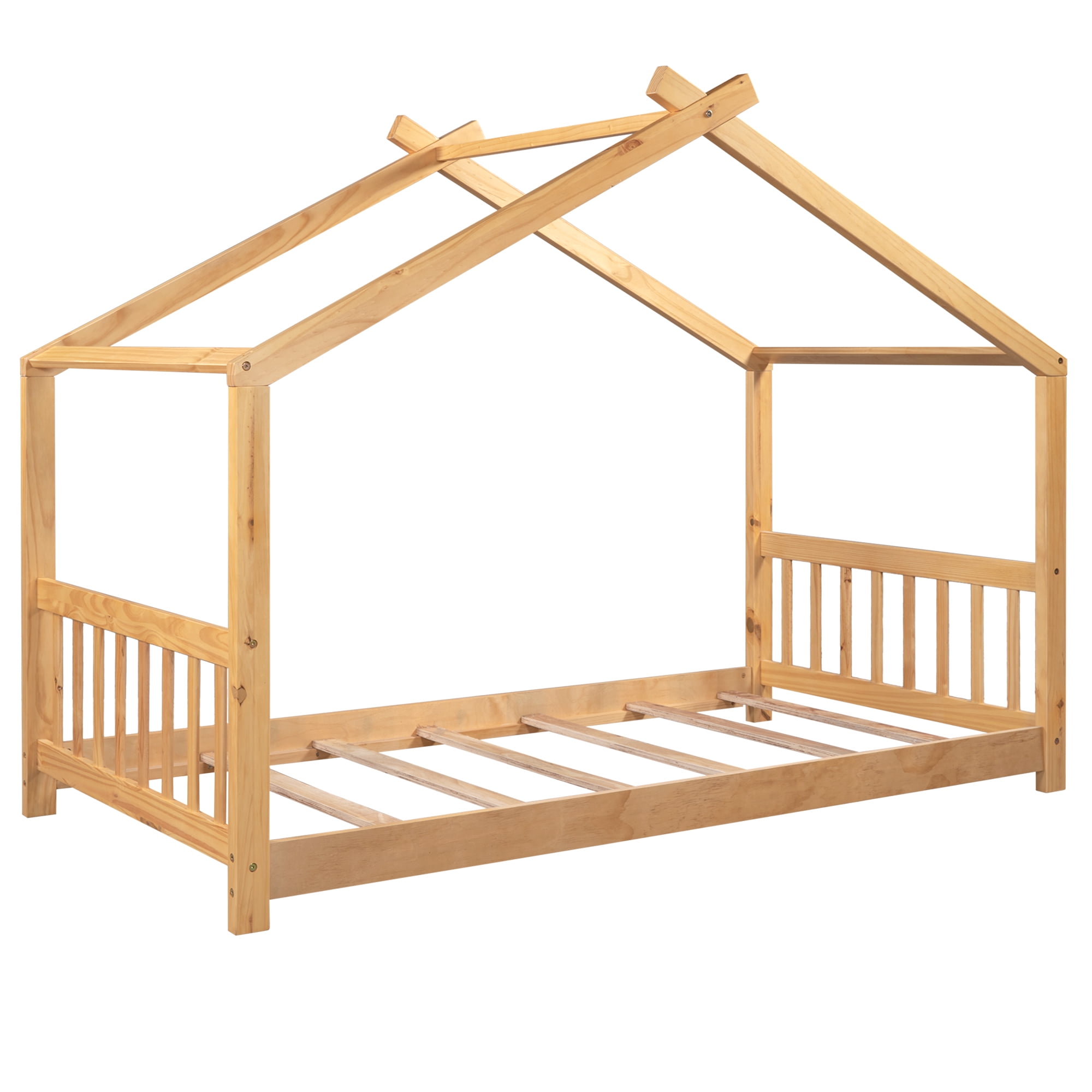 Euroco Wood House-Shaped Twin Platform Bed for Kids, Low Profile House Bed, No Box Spring Needed, Wood Color - Image 2