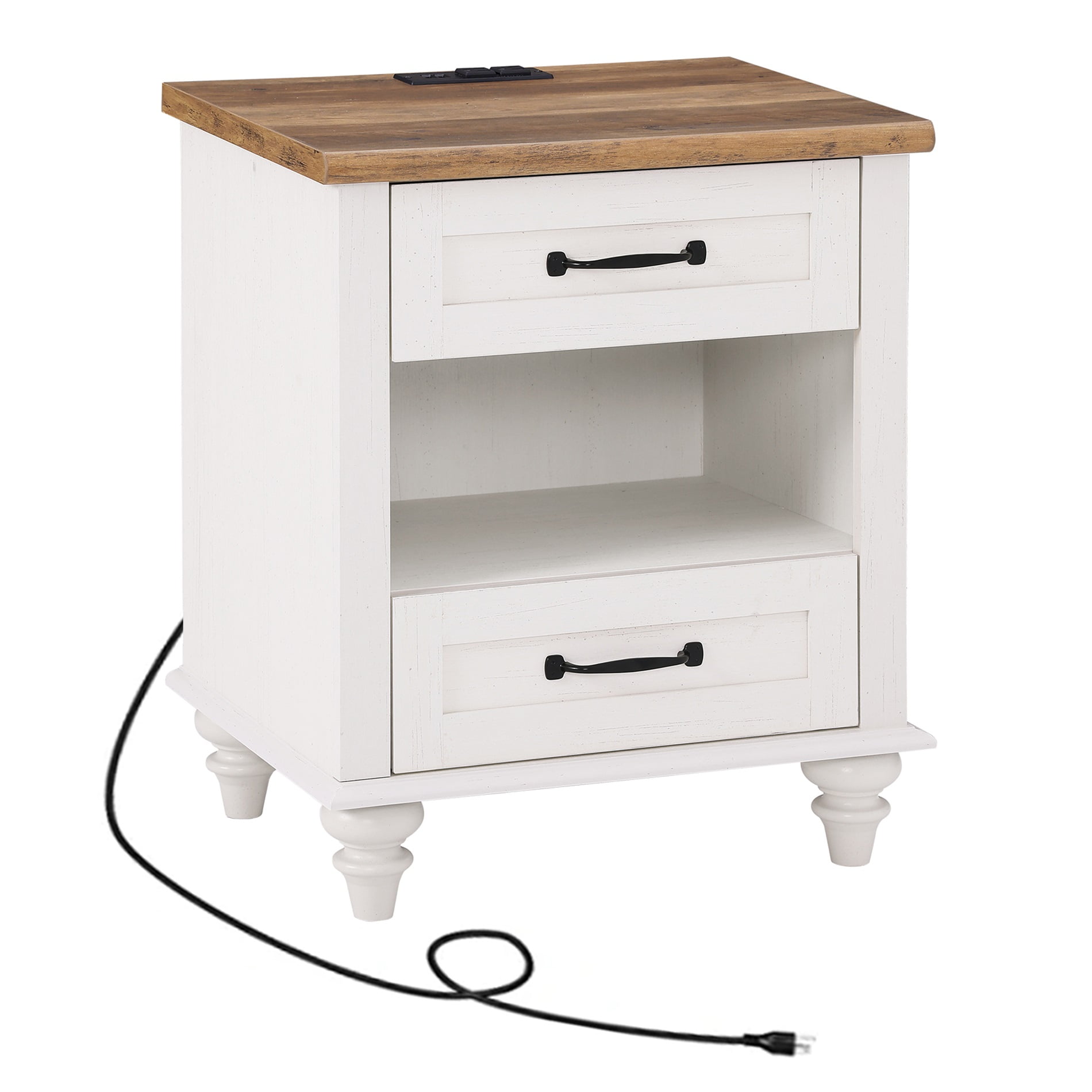 White Nightstand with Charging Station for Bedroom, Wood End Table for Living Room Kids room - Image 2