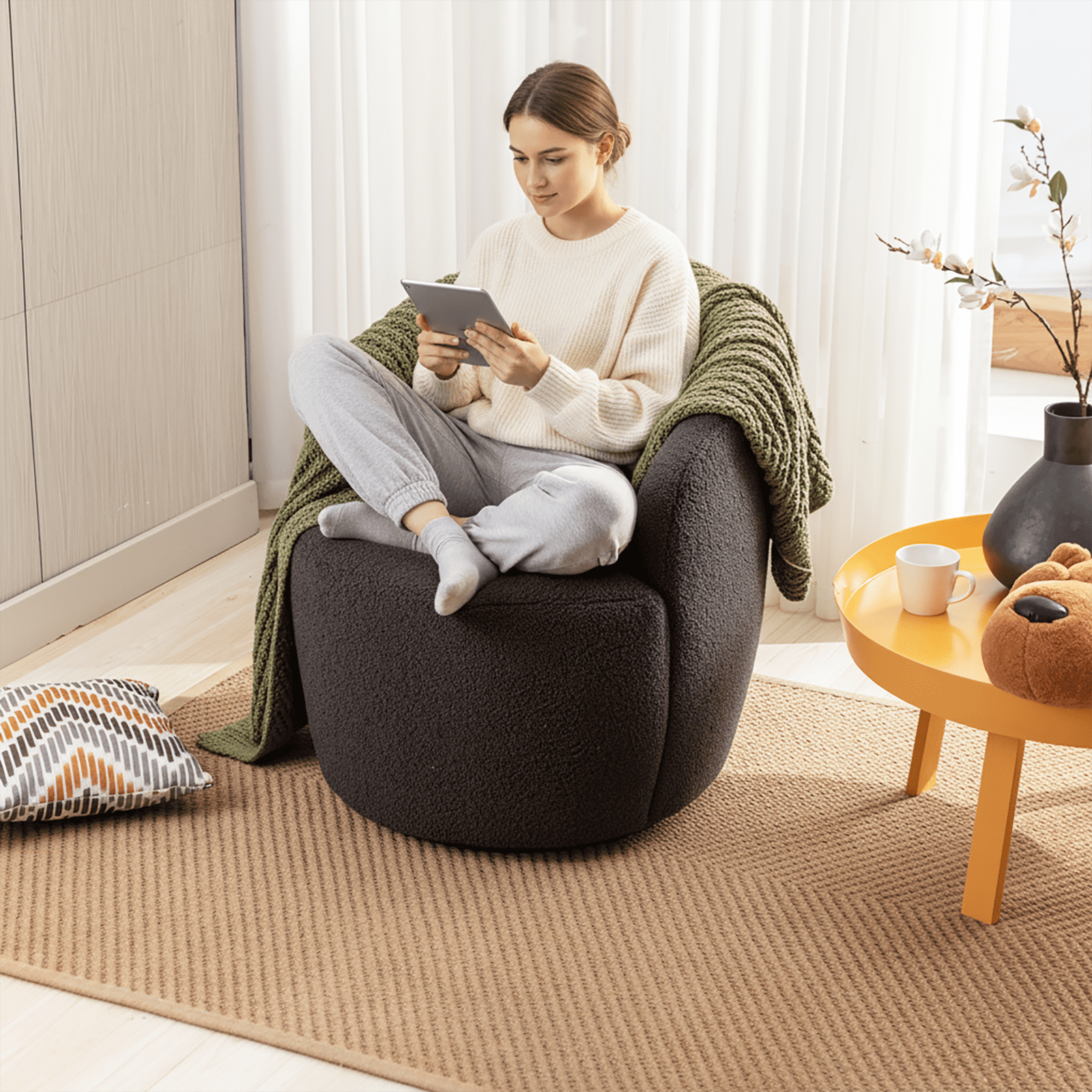 PORKISS Swivel Accent Chair, Armchair with Teddy Fabric, Barrel Chair with Black Powder Coating Metal Ring for Living Room, Bedroom, Dark Gray - Image 4