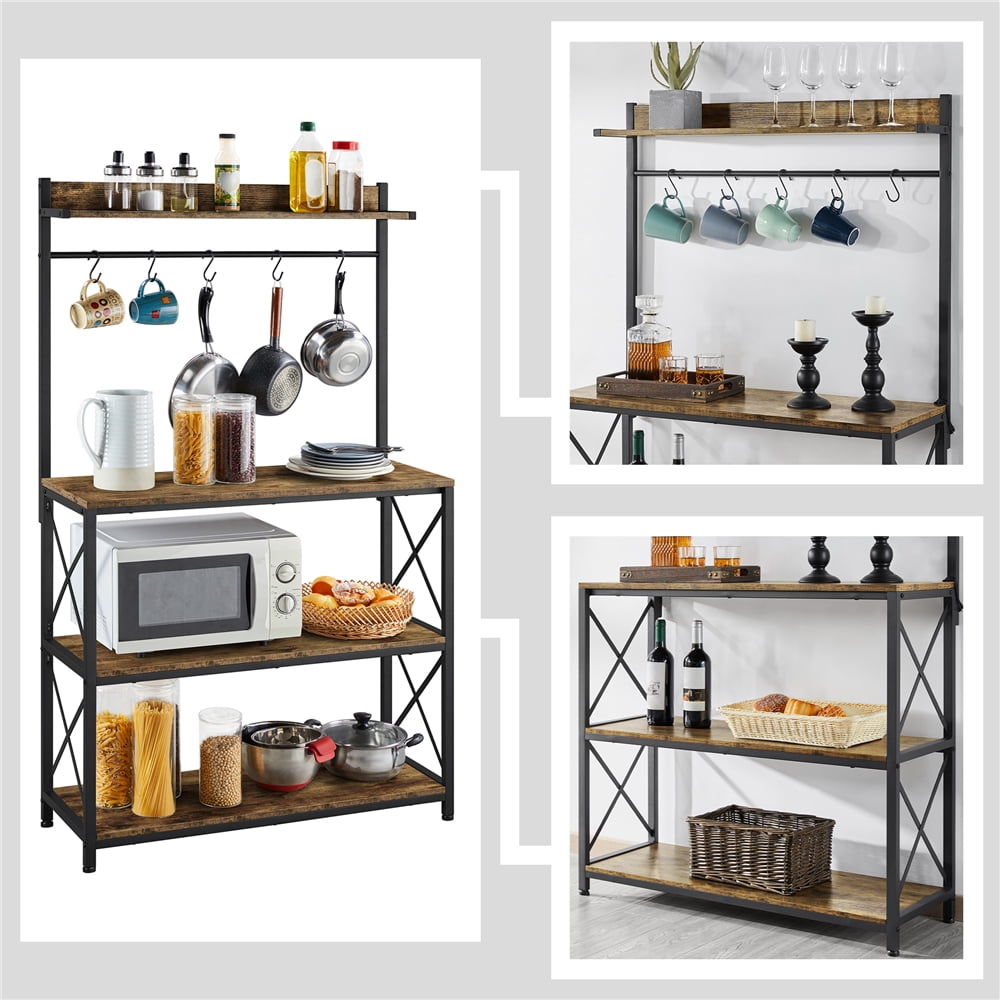 Alden Design 4-Tier Bakers Rack Kitchen Storage Shelf with S-Hooks, Rustic Brown - Image 2