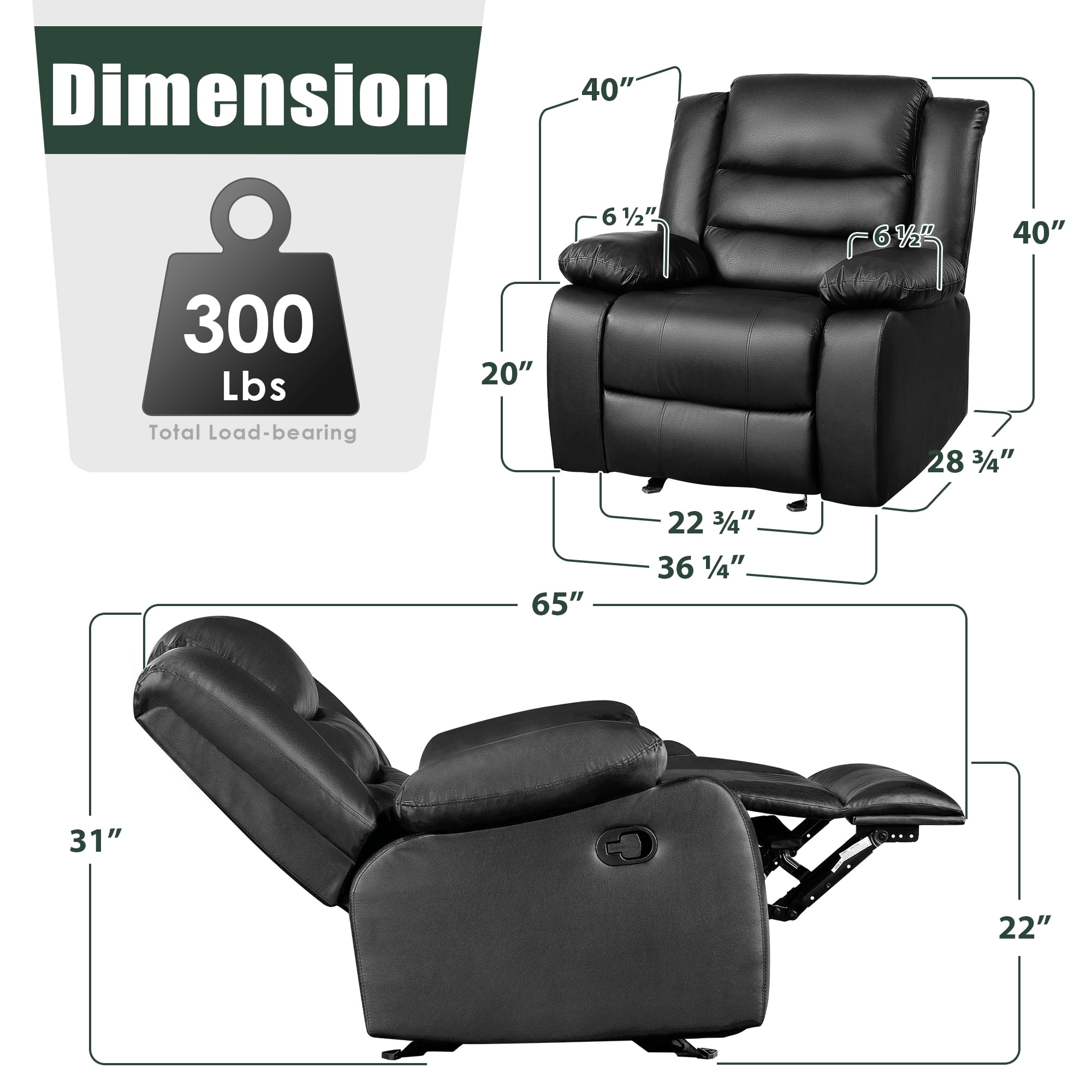 TrumanPick Manual Recliner Rocker Chair, Leather Rocker Recliner Living Room Lazy Boy Reclining Chairs for Adults Small Spaces, Black - Image 8