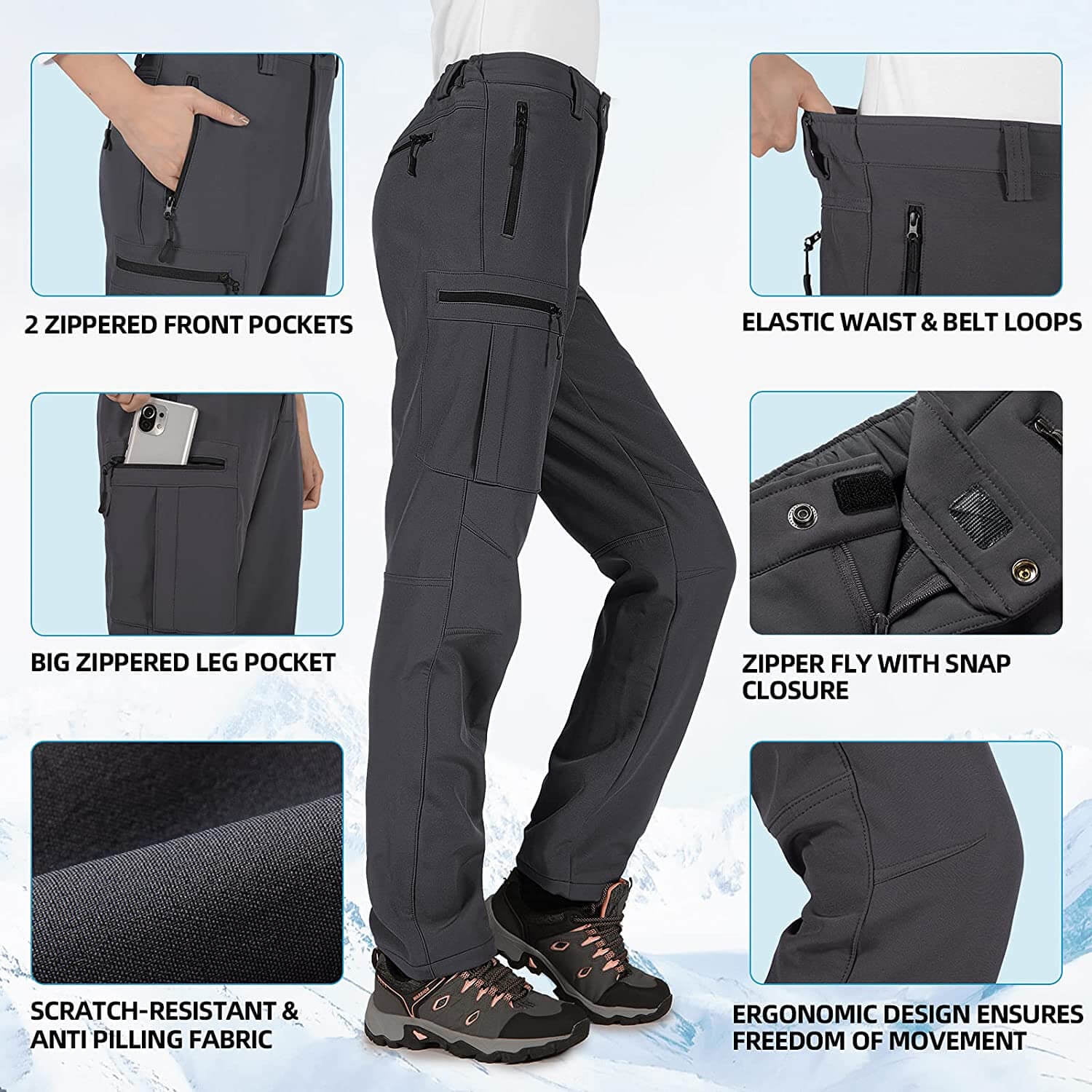 Hiauspor Women's Snow Pants Waterproof Fleece Lined Insulated for Ski Winter Hiking Grey 2XL - Image 8