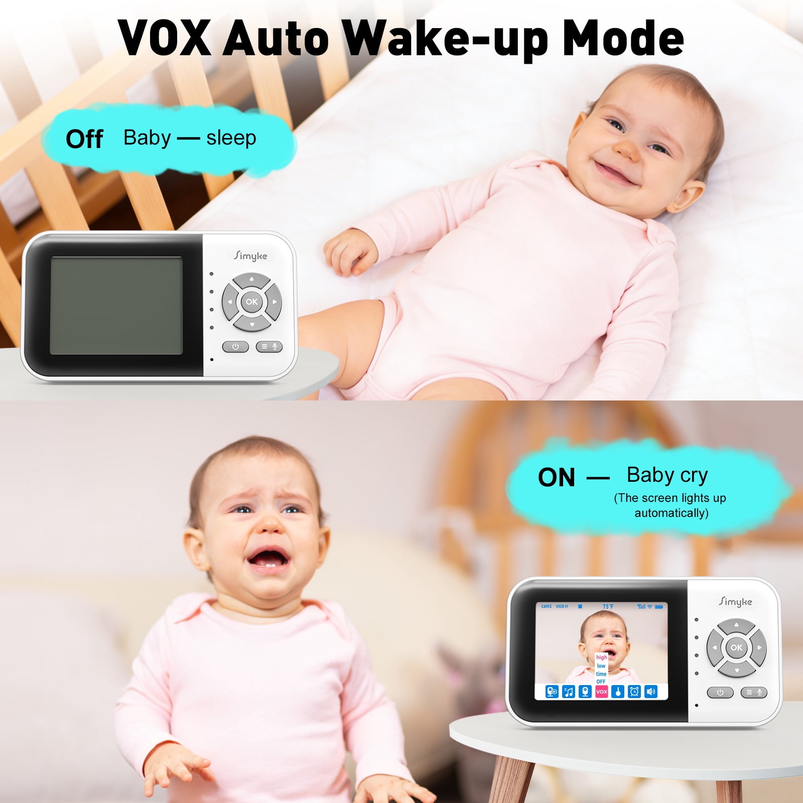 Simyke Dual Camera Video Baby Monitor, 2.8" LCD, Wireless, Night Vision, 2-Way Audio, App Access, 1200ft Range, Feeding Timer, Temperature Sensor, Portable for Home Use - Image 11