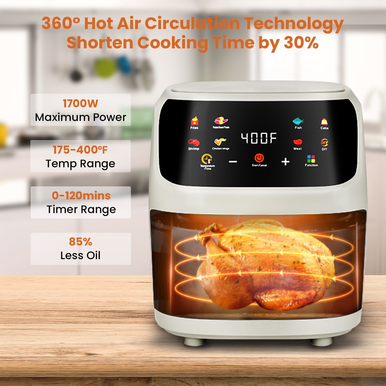 Bluebow Air Fryer Large 7.5QT, 8-in-1 Digital Touchscreen, Visible Cooking Window, 1700W, Cream White - Image 3